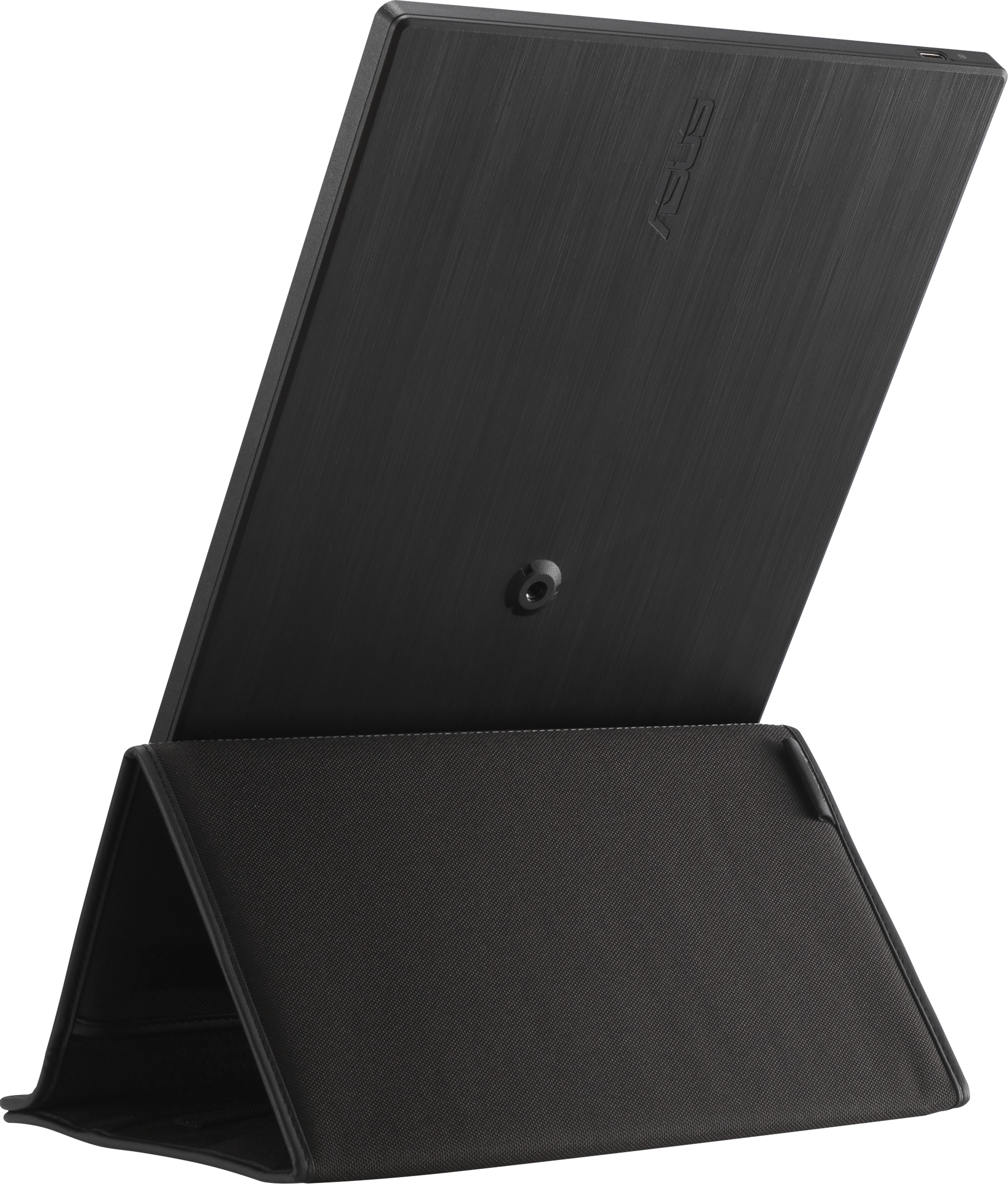 Laptop nero con logo ASUS, sorretto da un supporto in tessuto grigio scuro. Il laptop è leggermente aperto.