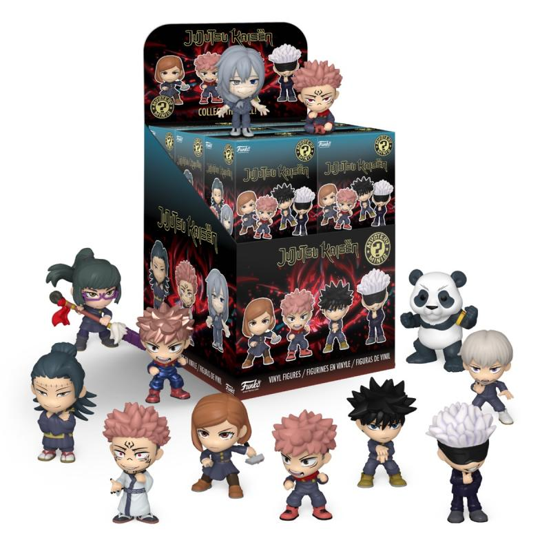 Eine Anzeige von Jujutsu Kaisen Funko Pop Figuren mit einer Box im Hintergrund. Zu den Figuren gehören Panda und andere Anime-Figuren.