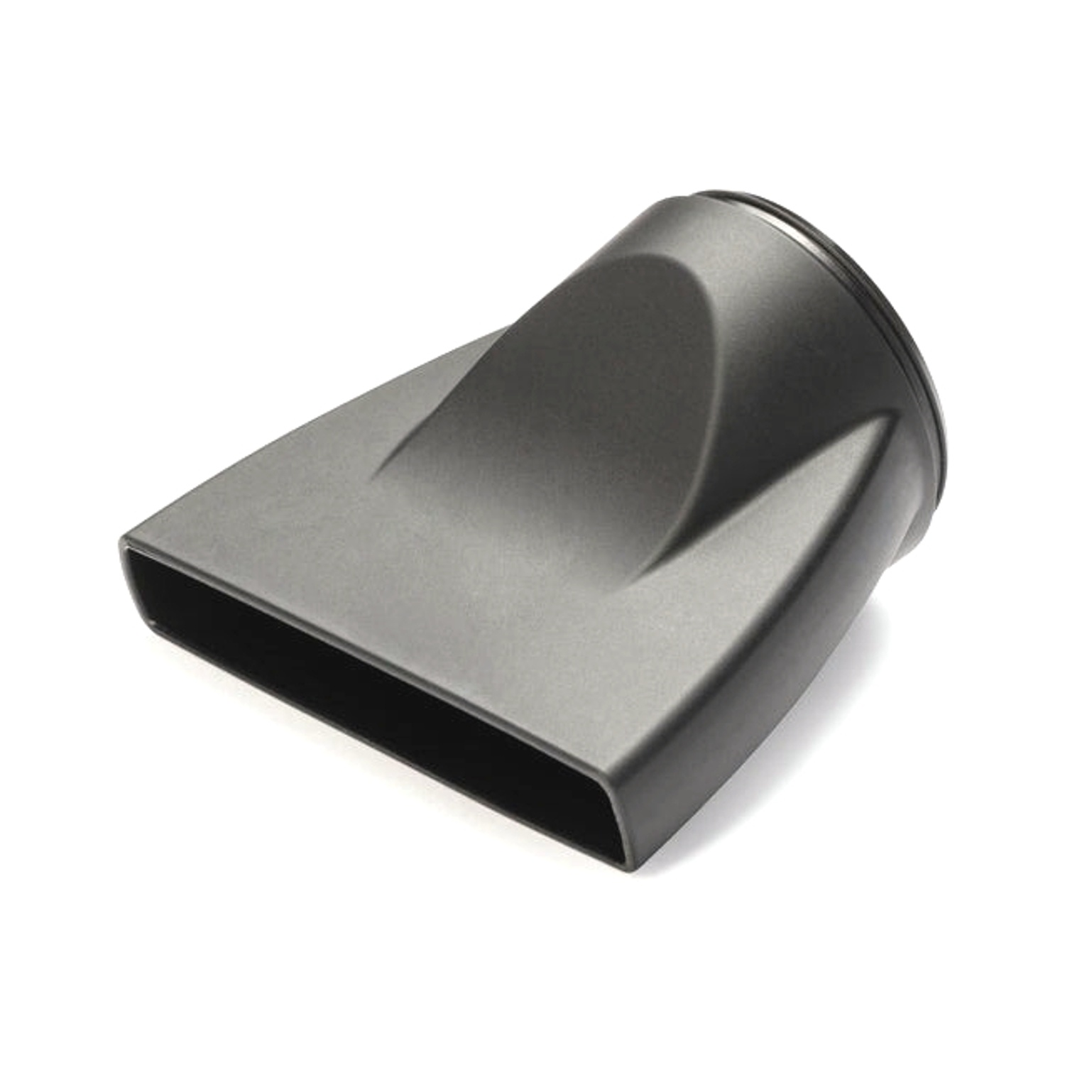 Un ugello per asciugacapelli grigio scuro, apertura rettangolare e corpo curvo, su sfondo bianco. Sembra essere di plastica.