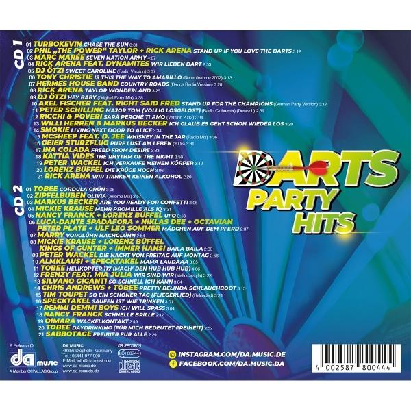 CD-Cover mit Dartscheibe und Song-Listen. Text enthält 'Darts Party Hits'.