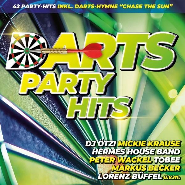 Albumcover: "DARTS PARTY HITS". Zeigt eine Dartscheibe, einen Dart und die Worte "DARTS PARTY HITS". Enthält Künstlernamen.