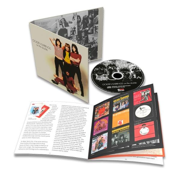 Albumcover mit Bandfoto, CD und Booklet. Auf dem Cover steht 'Golden Earring on the Double'. Das Booklet enthält Albumcover und Text.
