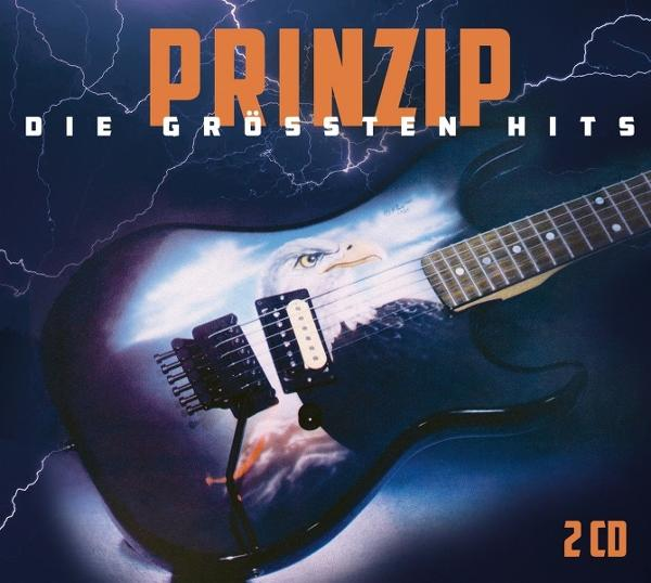 Albumcover mit Gitarre, Adler, orangefarbenem Text 'PRINZIP' und 'DIE GRÖSSTEN HITS'. Hintergrund zeigt Blitze.