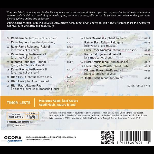 Albumcover mit französischem und englischem Text. Enthält eine Karte von Timor-Leste und Musiktrack-Listen.