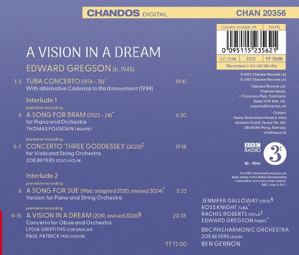Albumcover mit Text: 'A Vision in a Dream' von Edward Gregson. Enthält Titelliste, Künstlernamen und Chandos Digital Logo.