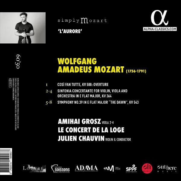 Albumcover mit Mozarts Namen, einem Musiker mit Violine und Titelliste auf schwarzem Hintergrund.