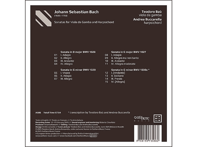 Thumbnail - Teodoro Bau - Andrea Buccarella Bach: Sonaten für Viola da Gamba und Cembalo (CD)