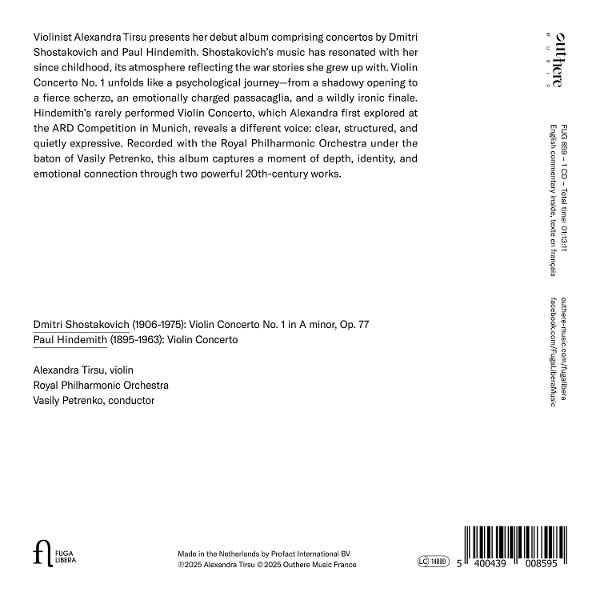 Albumcover mit Text über eine Geigerin, Konzerte und Orchester. Enthält Namen, Text auf Englisch und Französisch und einen Barcode.