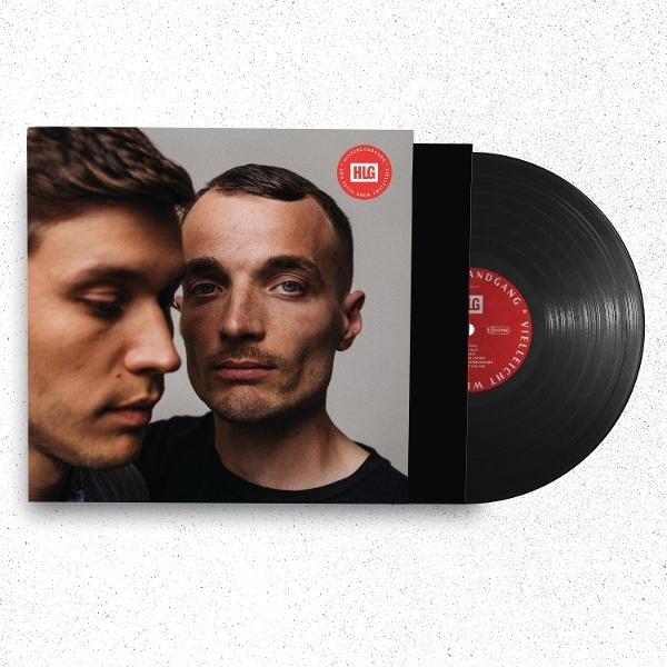 Albumcover mit zwei Männergesichtern. Das Album ist geöffnet und zeigt eine Schallplatte. Rotes Logo 'HLG' auf dem Albumcover. Schwarze Platte.