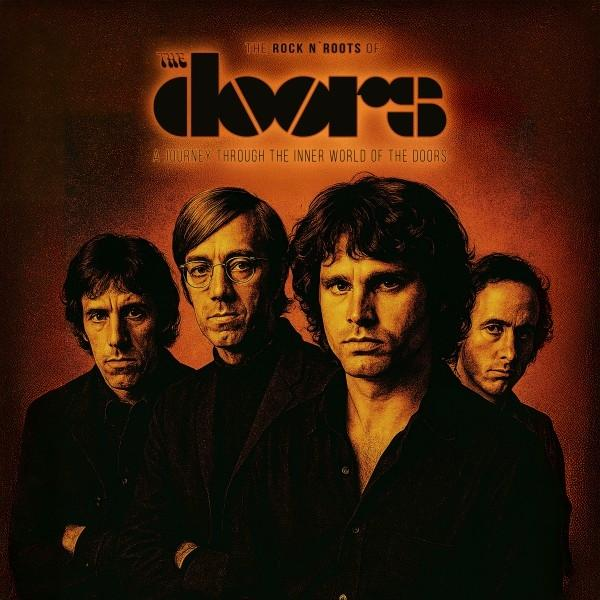 Albumcover von The Doors. Vier Männer in dunkler Kleidung. Der Bandname steht oben in orangefarbener Schrift. Brauner Hintergrund.