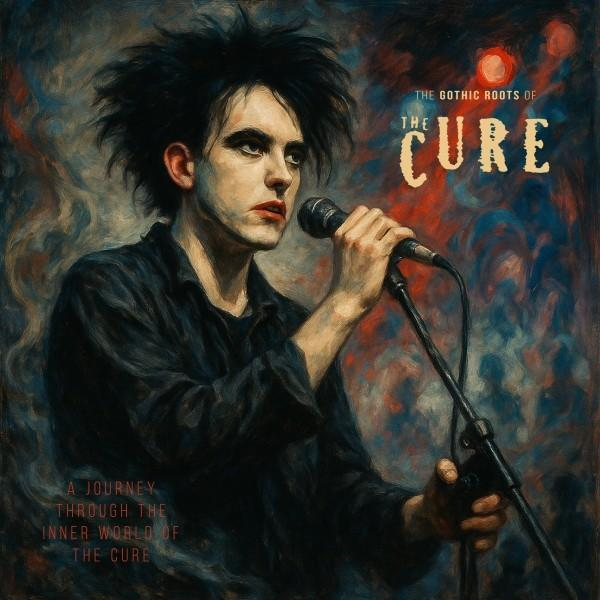 Kunstwerk von Robert Smith von The Cure, der ein Mikrofon hält. Dunkles Haar, schwarzes Hemd, rote Lippen, dramatischer Hintergrund mit Text.
