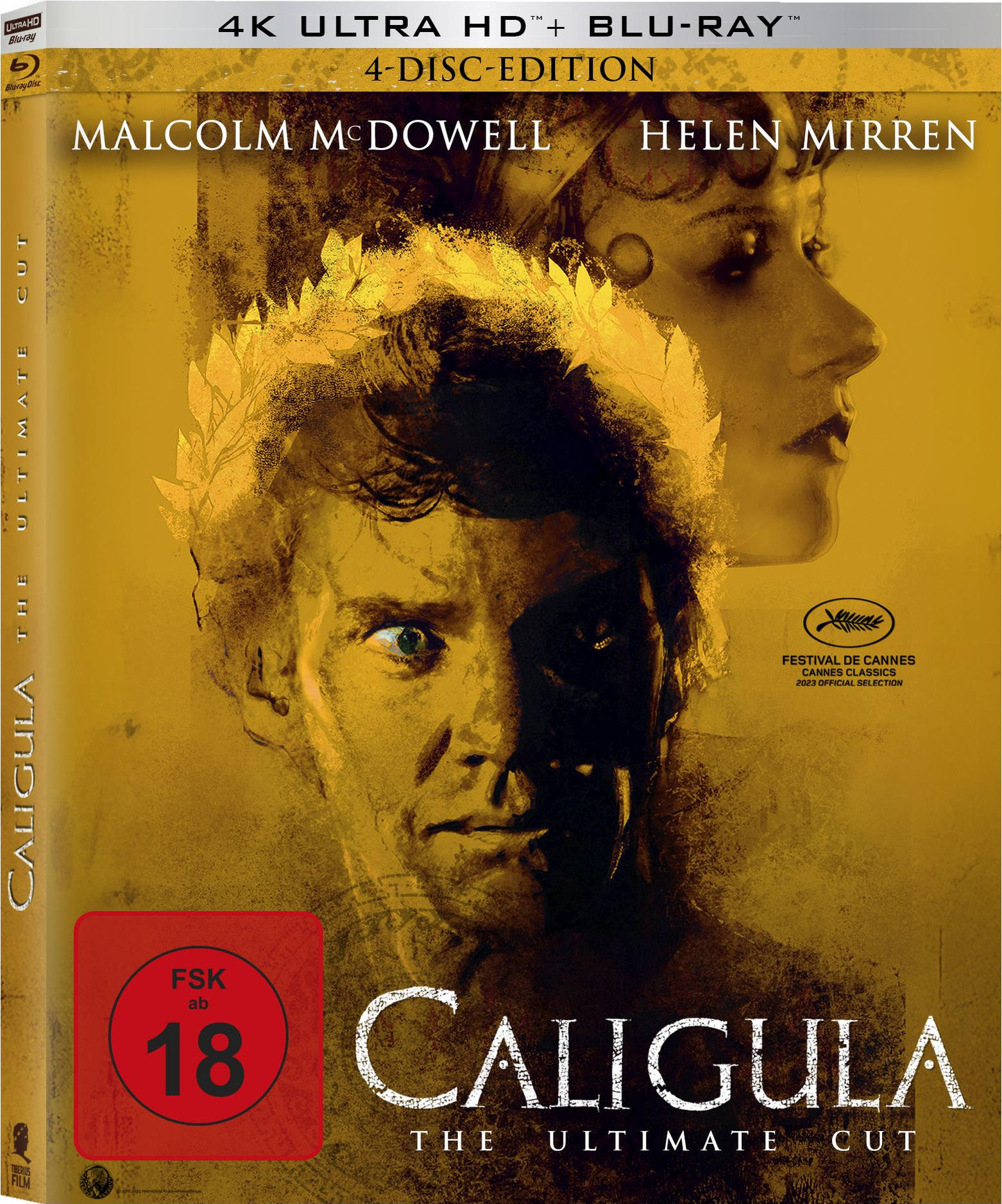 Filmcover von Caligula. Mit Malcolm McDowell und Helen Mirren. Die Disc-Edition ist 4K Ultra HD + Blu-ray.
