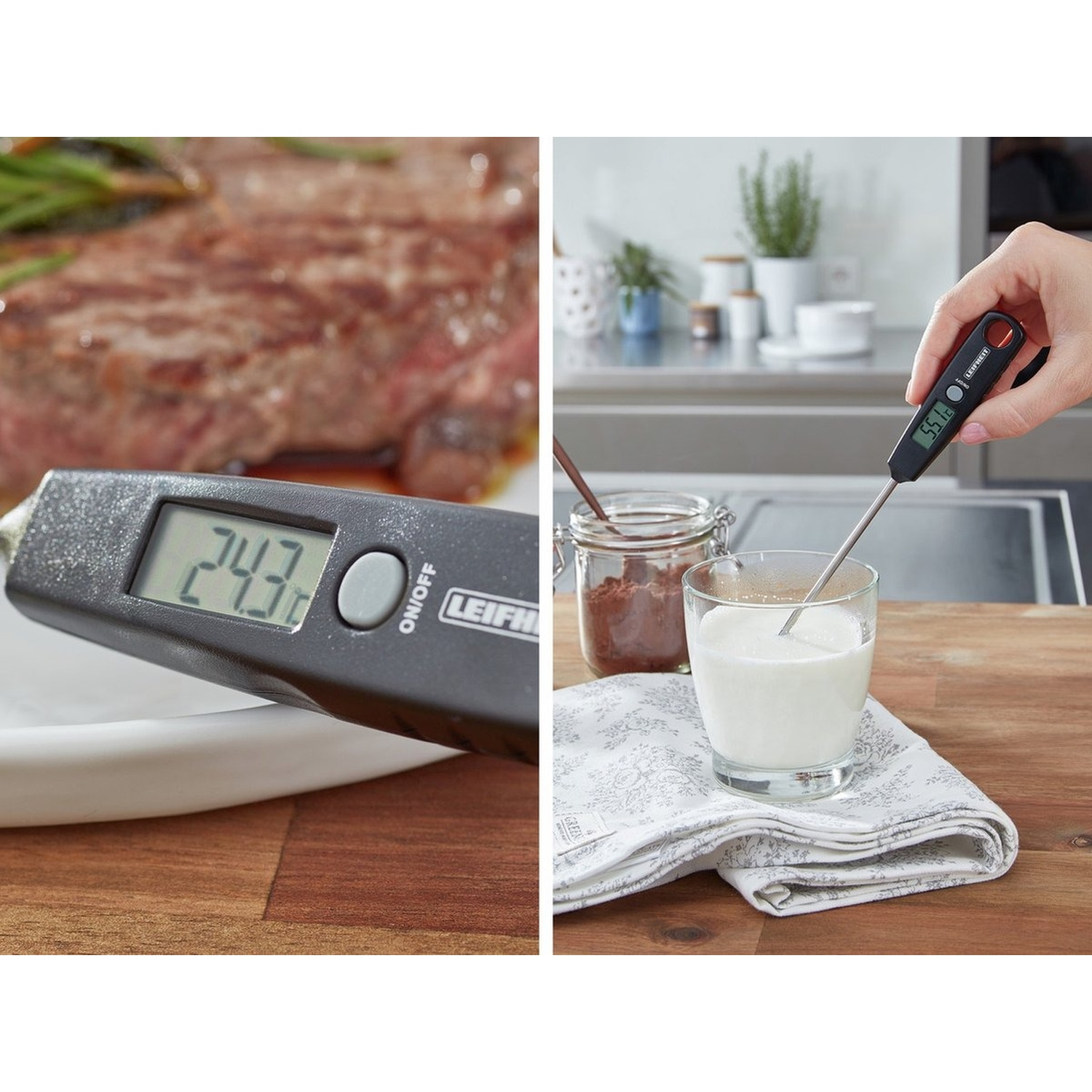 A digital thermometer measures steak temperature. Another thermometer is in milk. Background: jars, plant, and a hand.