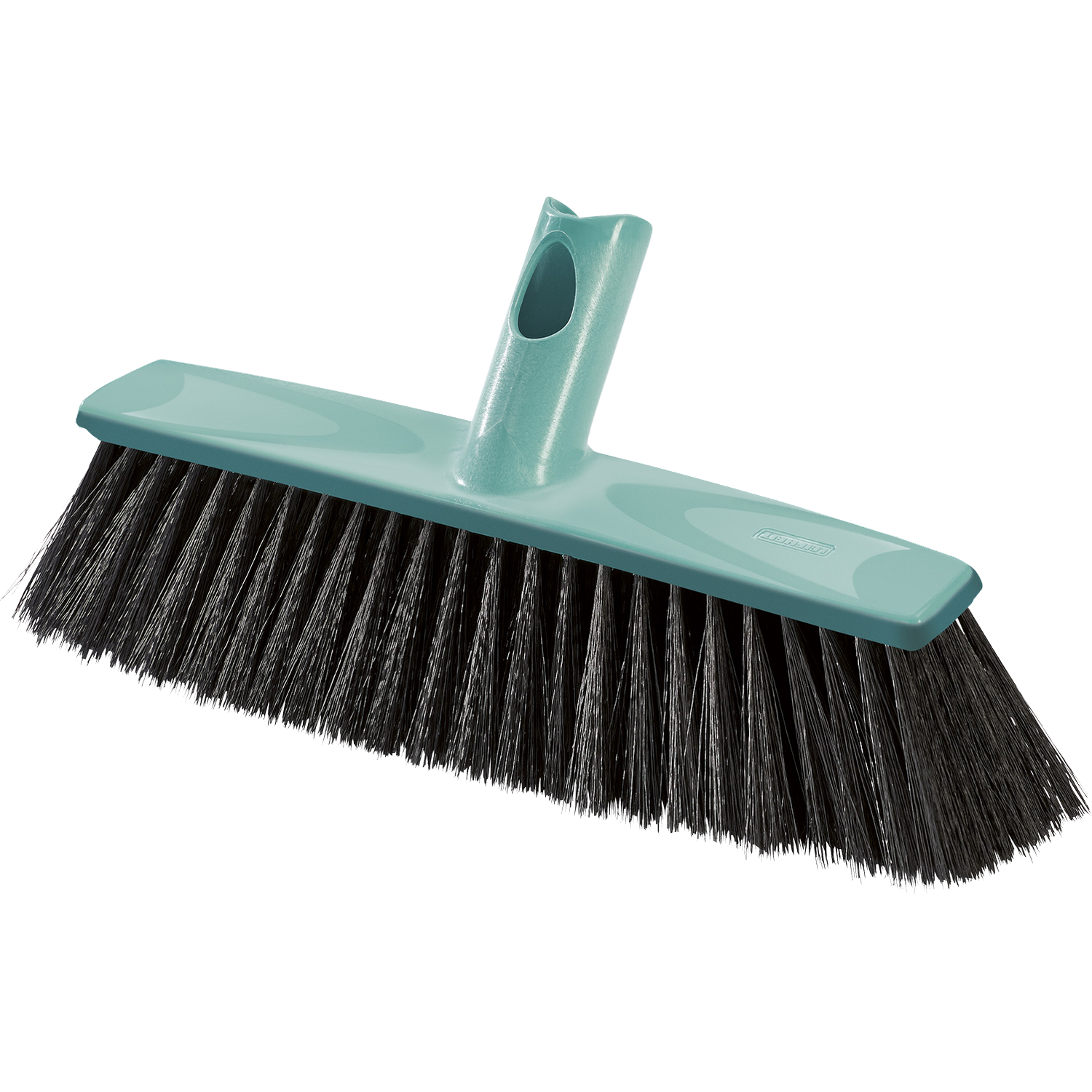 Een blauwgroene en zwarte bezem. De steel is blauwgroen, met een gat. De borstelharen zijn zwart. De bezem staat op een witte achtergrond.