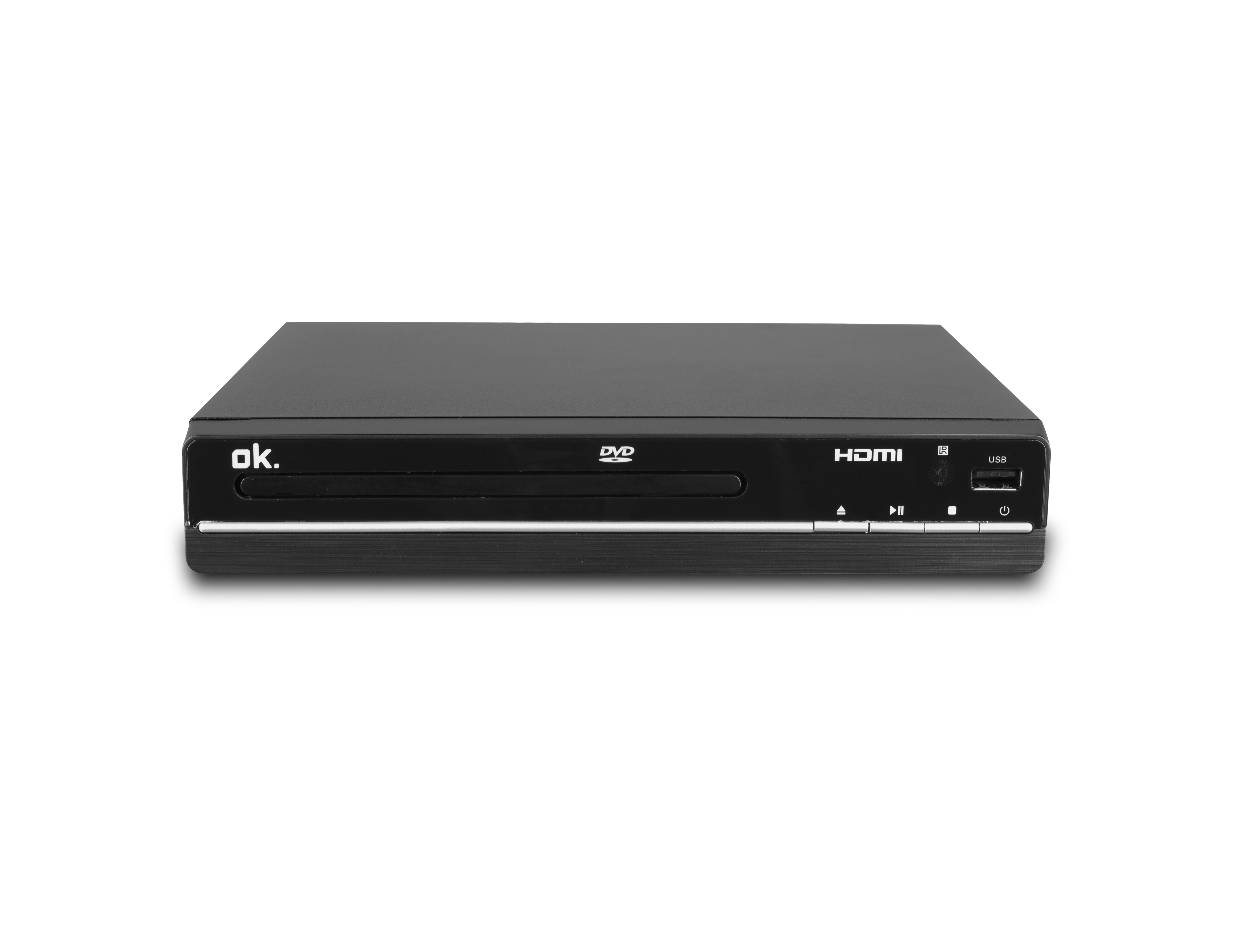 Ein schwarzer DVD-Player auf weißem Untergrund. Er hat den Markennamen "ok." und verschiedene Anschlüsse und Knöpfe.