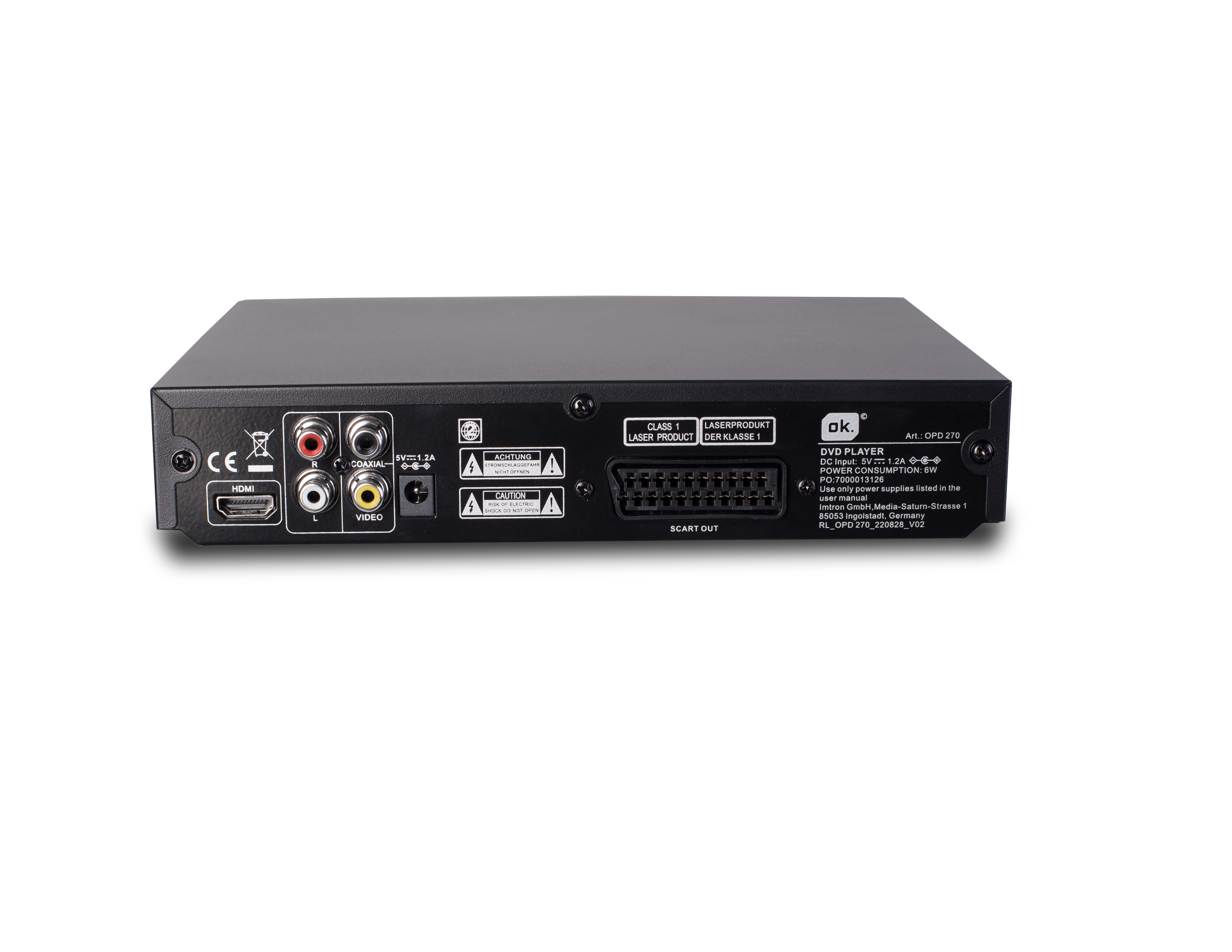 Rückansicht eines schwarzen DVD-Players mit verschiedenen Anschlüssen und Etiketten auf weißem Hintergrund.
