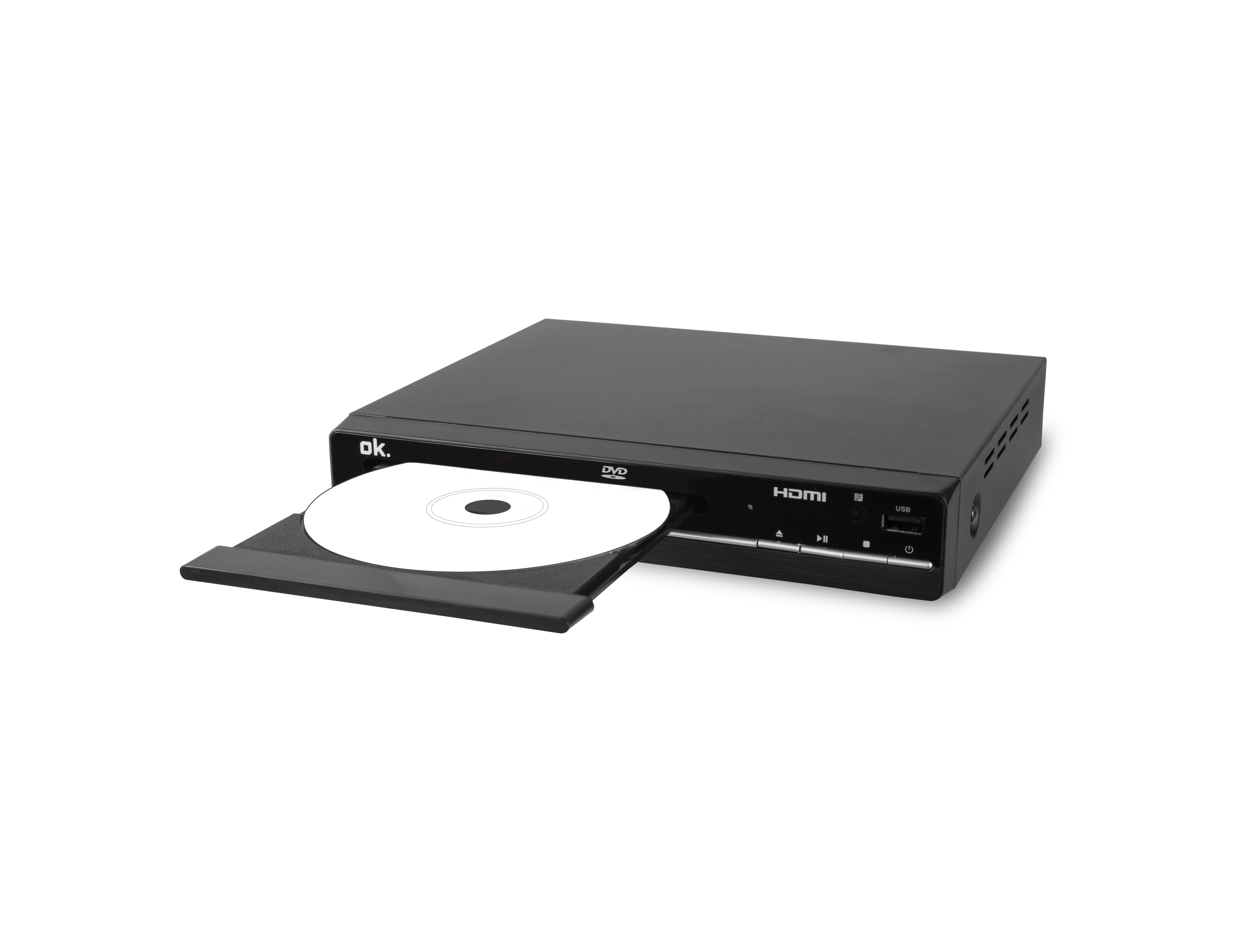 Schwarzer DVD-Player mit offenem Fach und einer Disc. Es befindet sich auf einer weißen Oberfläche.
