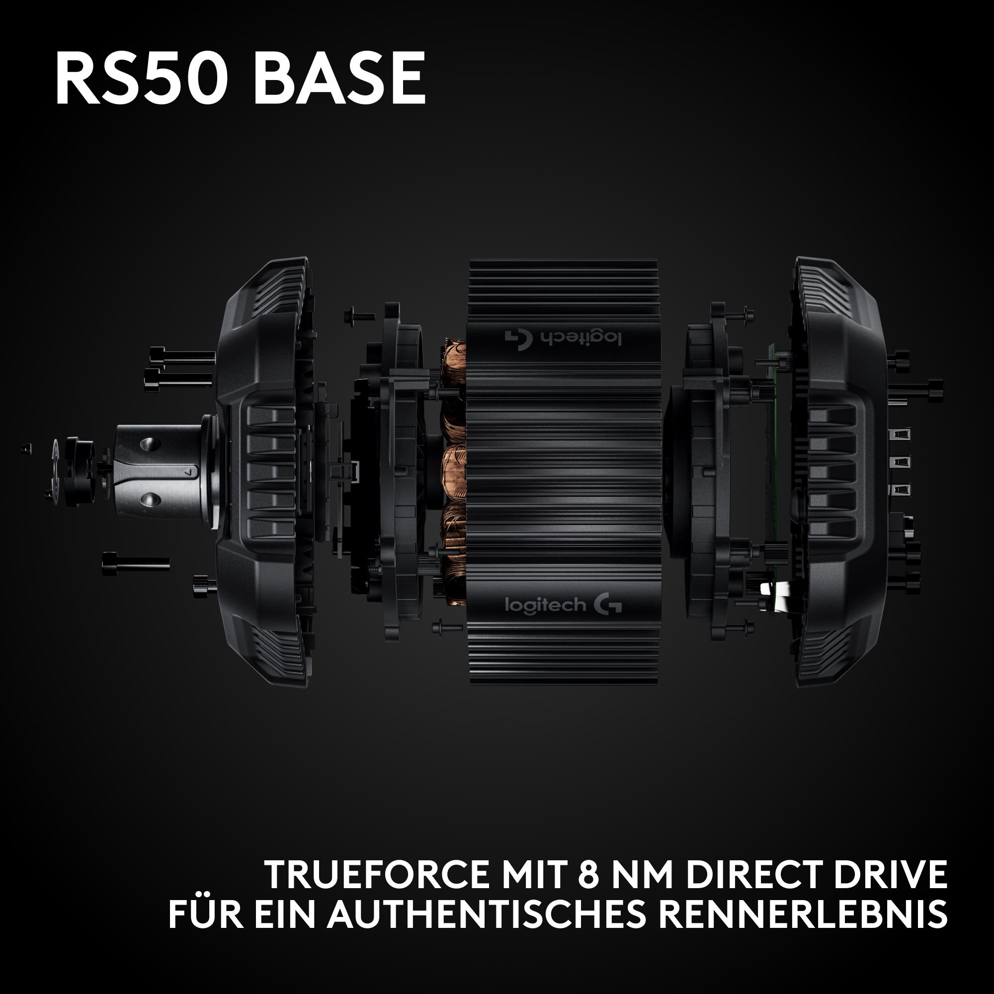 Schwarze Logitech RS50 Basis, mit Innenteilen. Text: Trueforce mit 8 Nm Direct Drive für authentisches Rennerlebnis.