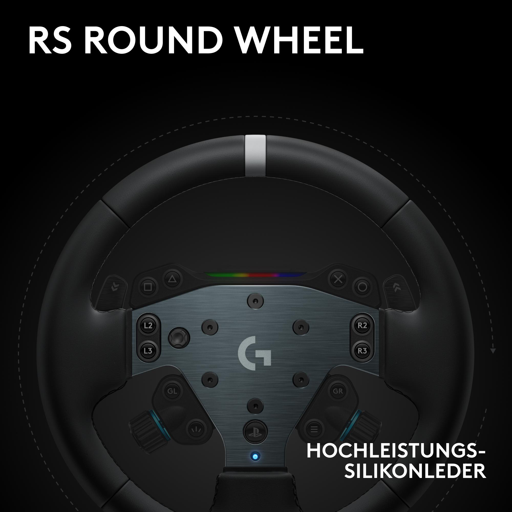 Nahaufnahme eines schwarzen Lenkrads mit Knöpfen und silberner Mitte. Oben steht 'RS ROUND WHEEL'.