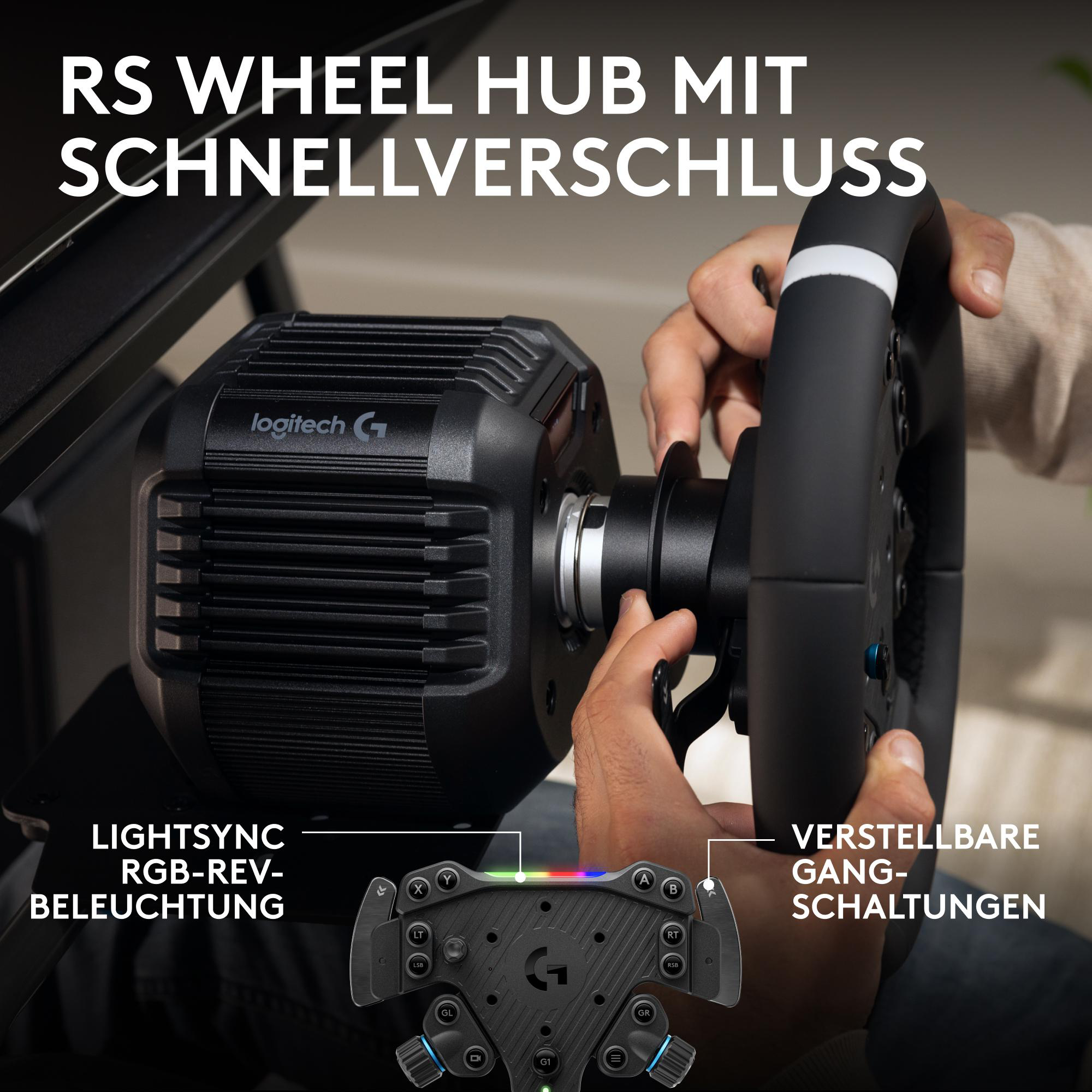 Eine Person hält ein schwarzes Logitech-Rennlenkrad. Text sagt RS Wheel Hub mit Schnellverschluss, Lightsync und verstellbaren Gängen.