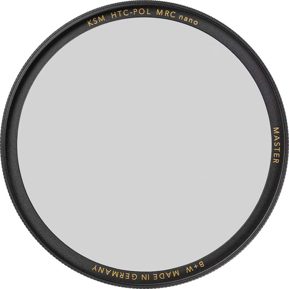 Filtre d'appareil photo circulaire. Cadre noir avec lettrage doré : KSM HTC-POL MRC nano, B+W Made in Germany et MASTER. Verre filtrant gris.