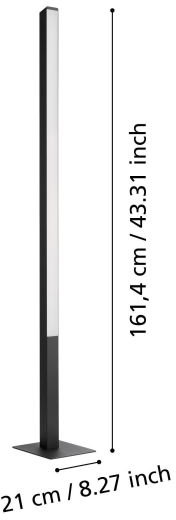 Un apparecchio di illuminazione per esterni nero. È alto e rettangolare con una striscia luminosa al centro. Vengono visualizzate le dimensioni.