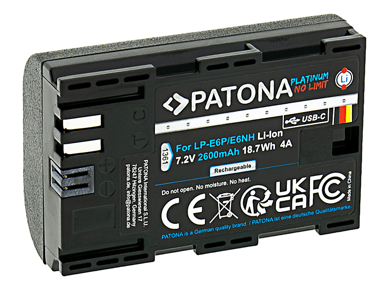 PATONA Platinum LP-E6 (Canon EOS) USB-C Li-Ion Akku, 7.2 V, 2600 mAh