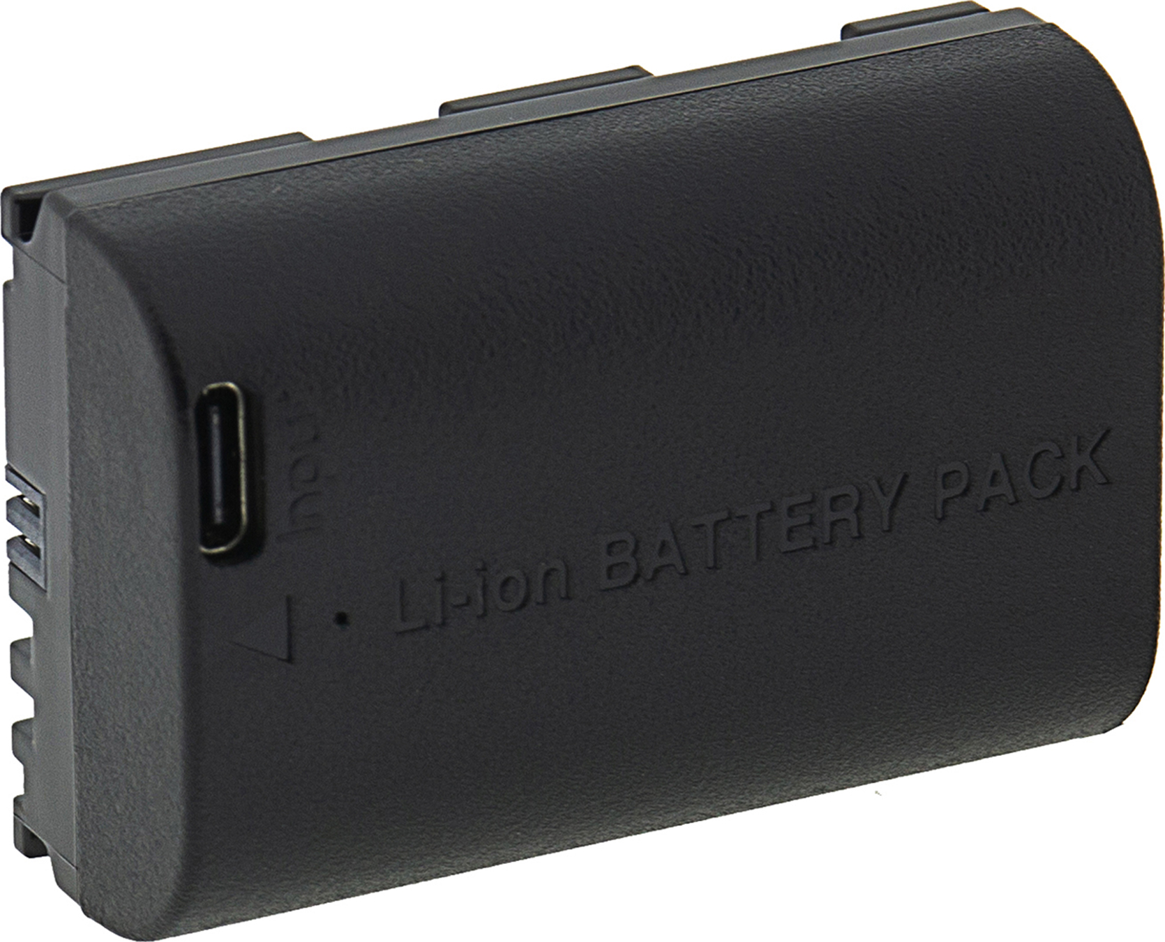 Ein schwarzer Li-Ionen-Akku für eine Kamera. Er hat einen Ladeanschluss und den Text 'Li-ion BATTERY PACK' darauf.