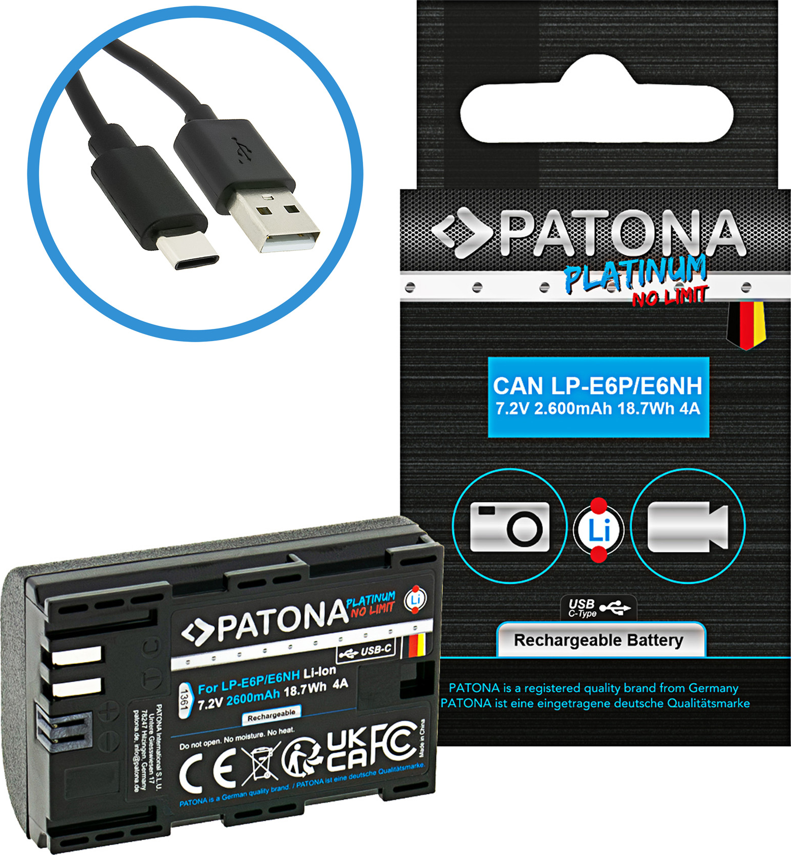 Ein schwarzer Akku mit einem USB-Kabel wird angezeigt. Der Akku ist mit 'PATONA' und 'PLATINUM' beschriftet. Die Verpackung ist sichtbar.