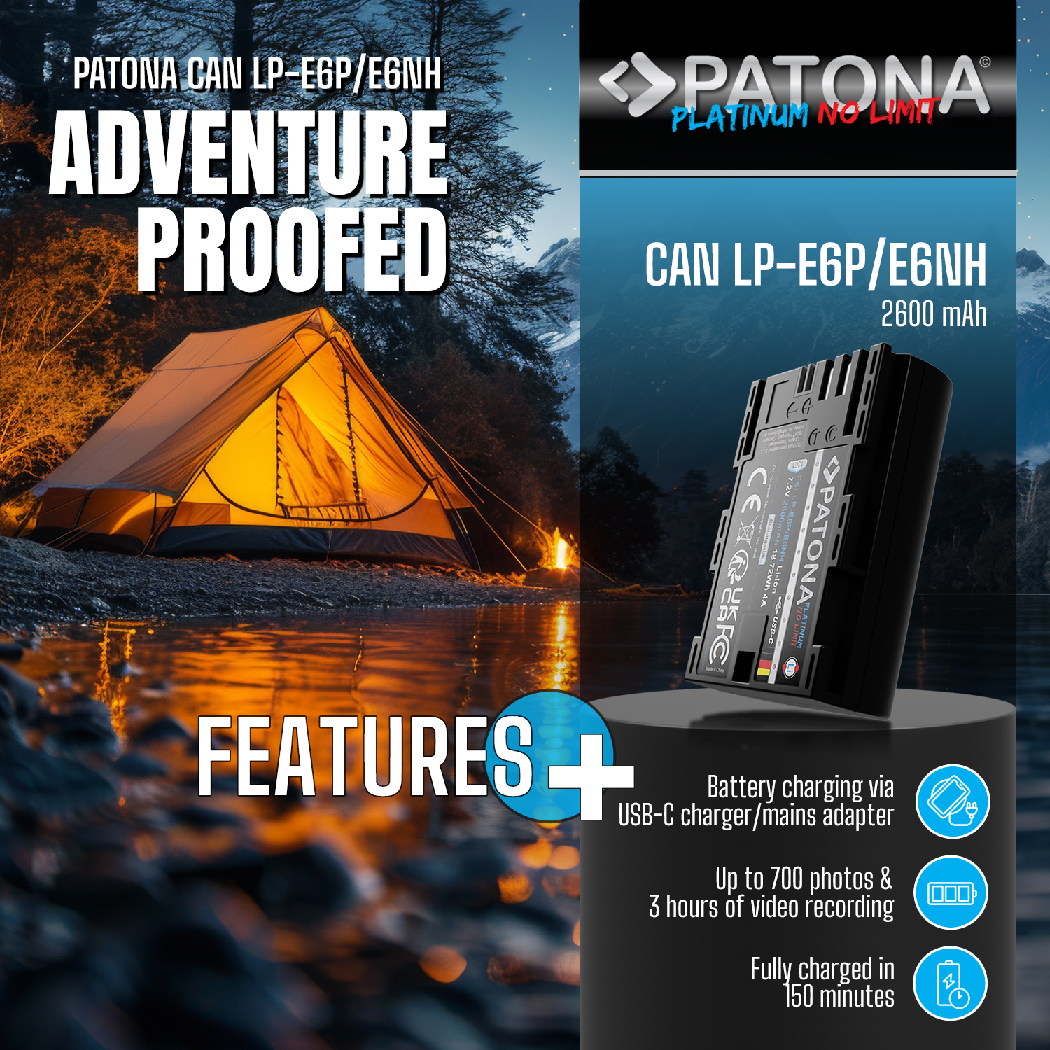 Ein beleuchtetes Zelt am See, mit Akku und Funktionssymbolen. Text: Adventure Proofed, CAN LP-E6P/E6NH und Marke Patona.