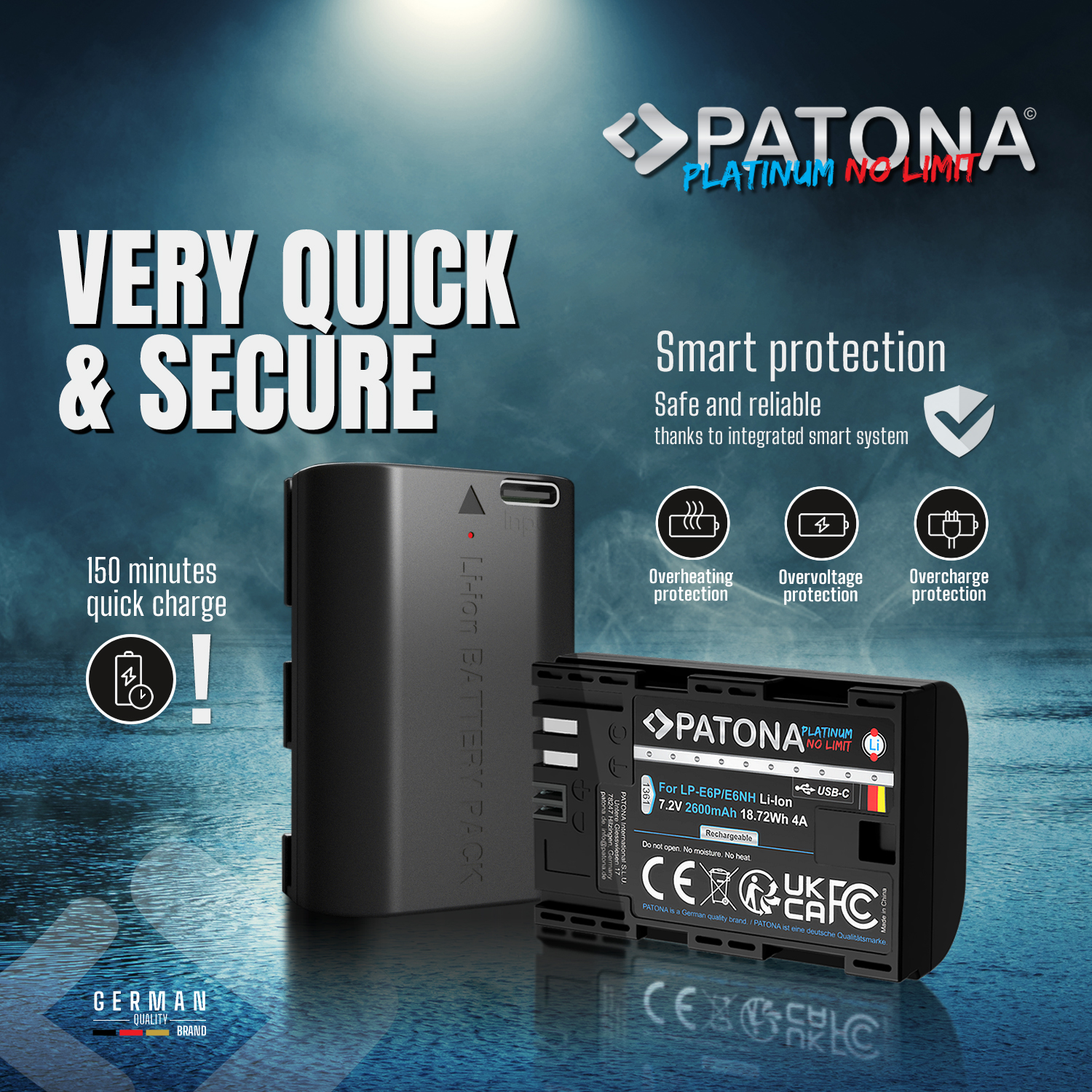 Das Bild zeigt zwei schwarze Patona-Akkupacks mit dem Text 'Very Quick & Secure'. Zu den Merkmalen gehören Smart Protection und schnelles Laden.