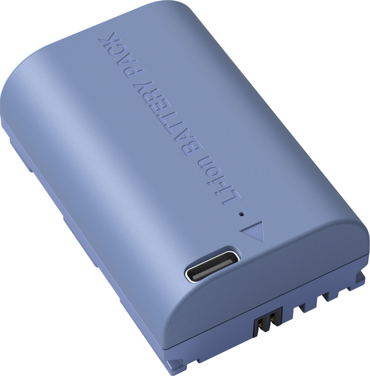 Un pacco batteria rettangolare blu chiaro. Ha le parole 'Li-ion Battery Pack' stampate, insieme a una porta USB e connettori.