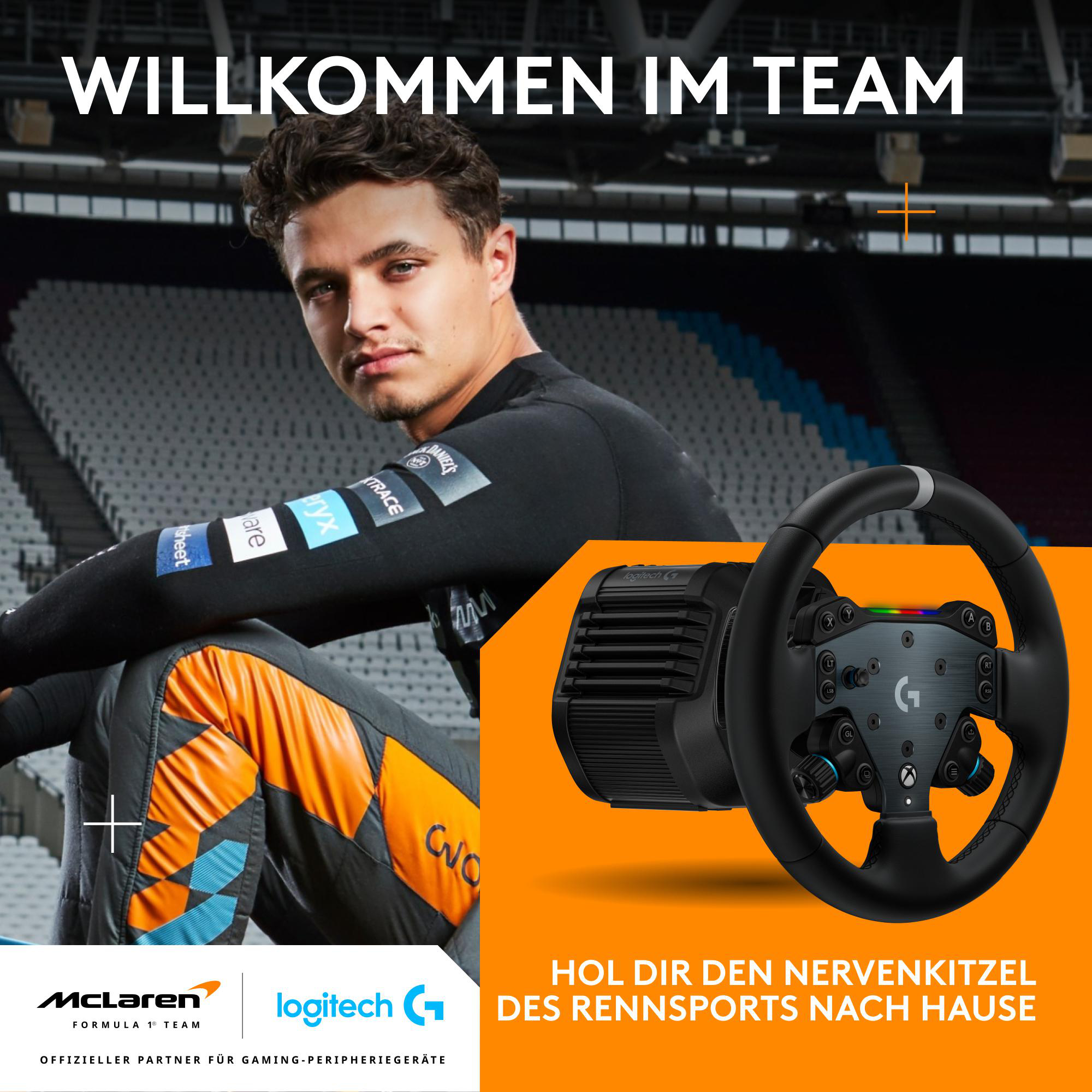 Mann im Rennanzug mit Lenkrad. Text lautet 'WILLKOMMEN IM TEAM' mit McLaren- und Logitech-Logos.