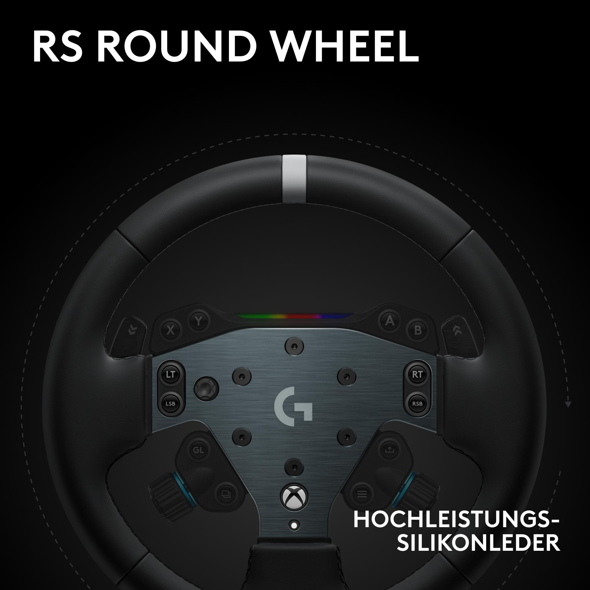 Ein schwarzes RS-Rundlenkrad mit Tasten und einem silbernen Mittelstreifen. Oben steht der Text 'RS ROUND WHEEL'.