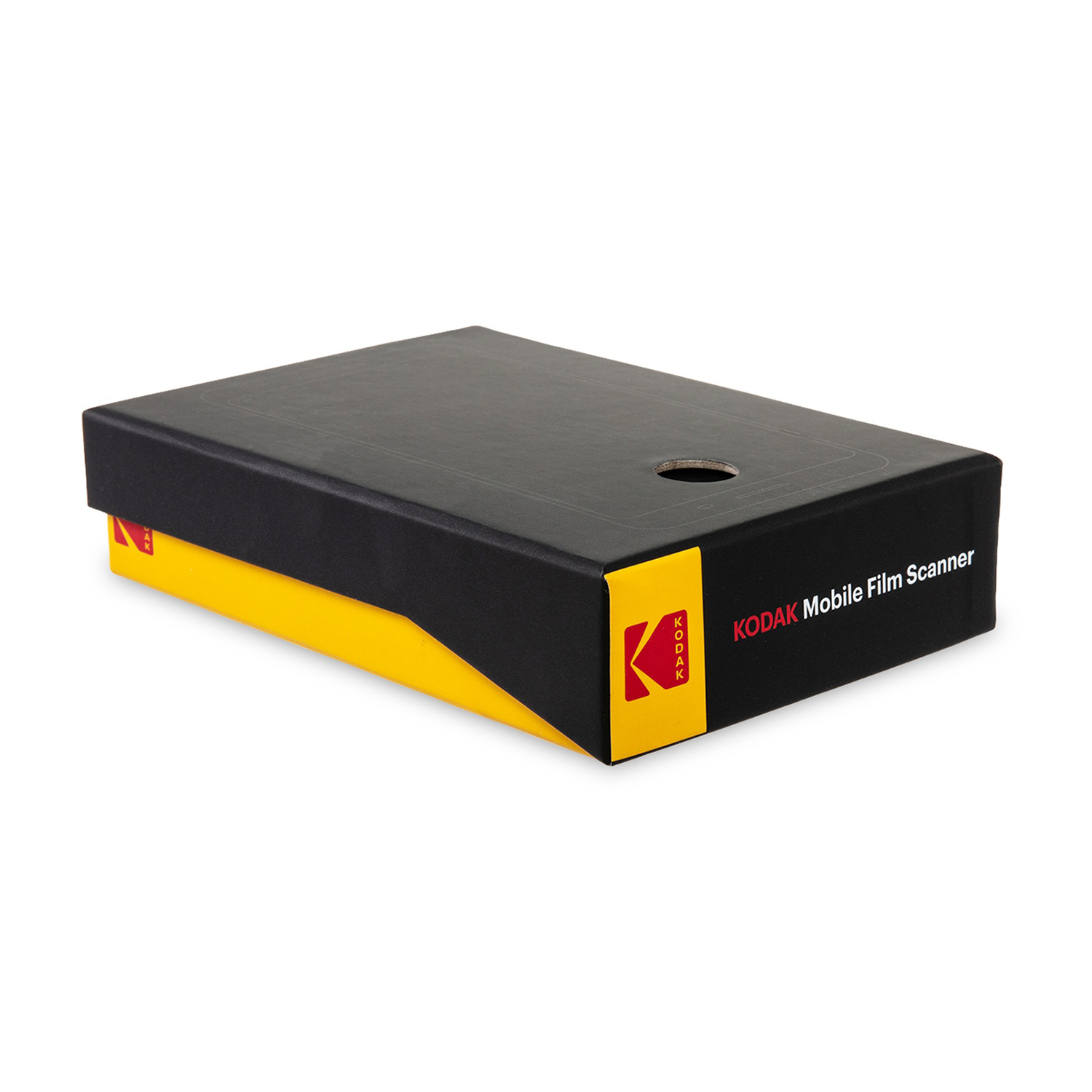 Una scatola nera e gialla KODAK Mobile Film Scanner. La scatola ha un coperchio nero con un foro e un fondo giallo.