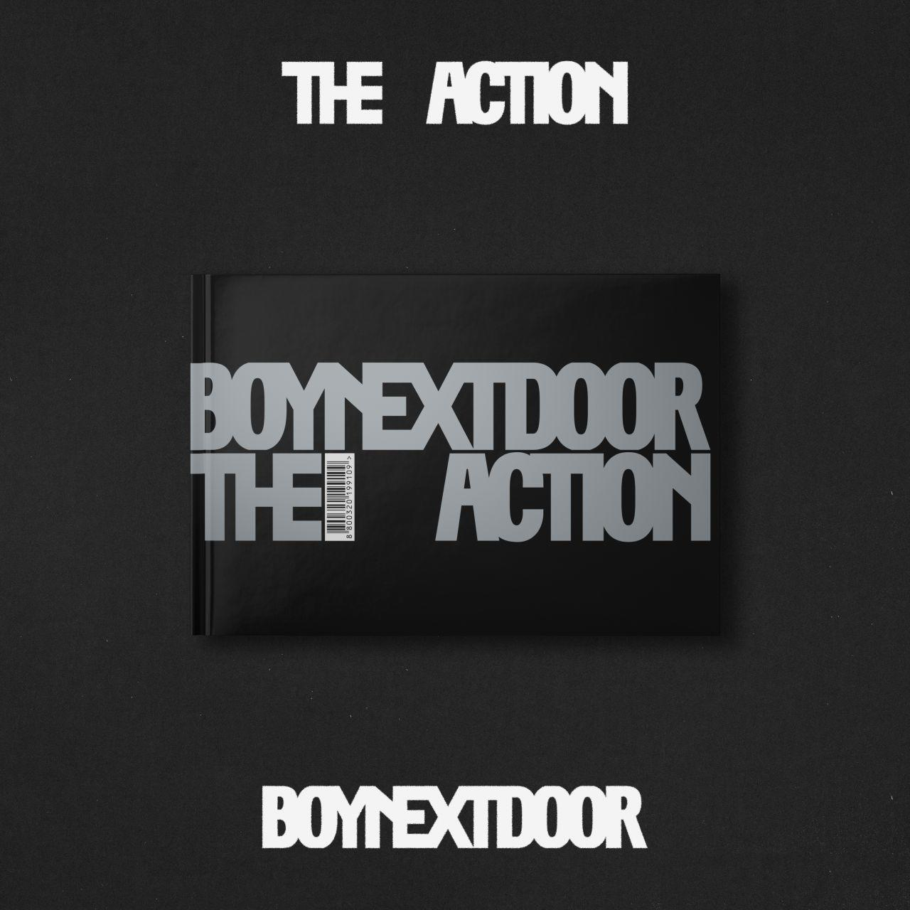 Black album cover with white text: 'THE ACTION', 'BOYNEXTDOOR', and 'THE ACTION'. A barcode is visible. Black background.