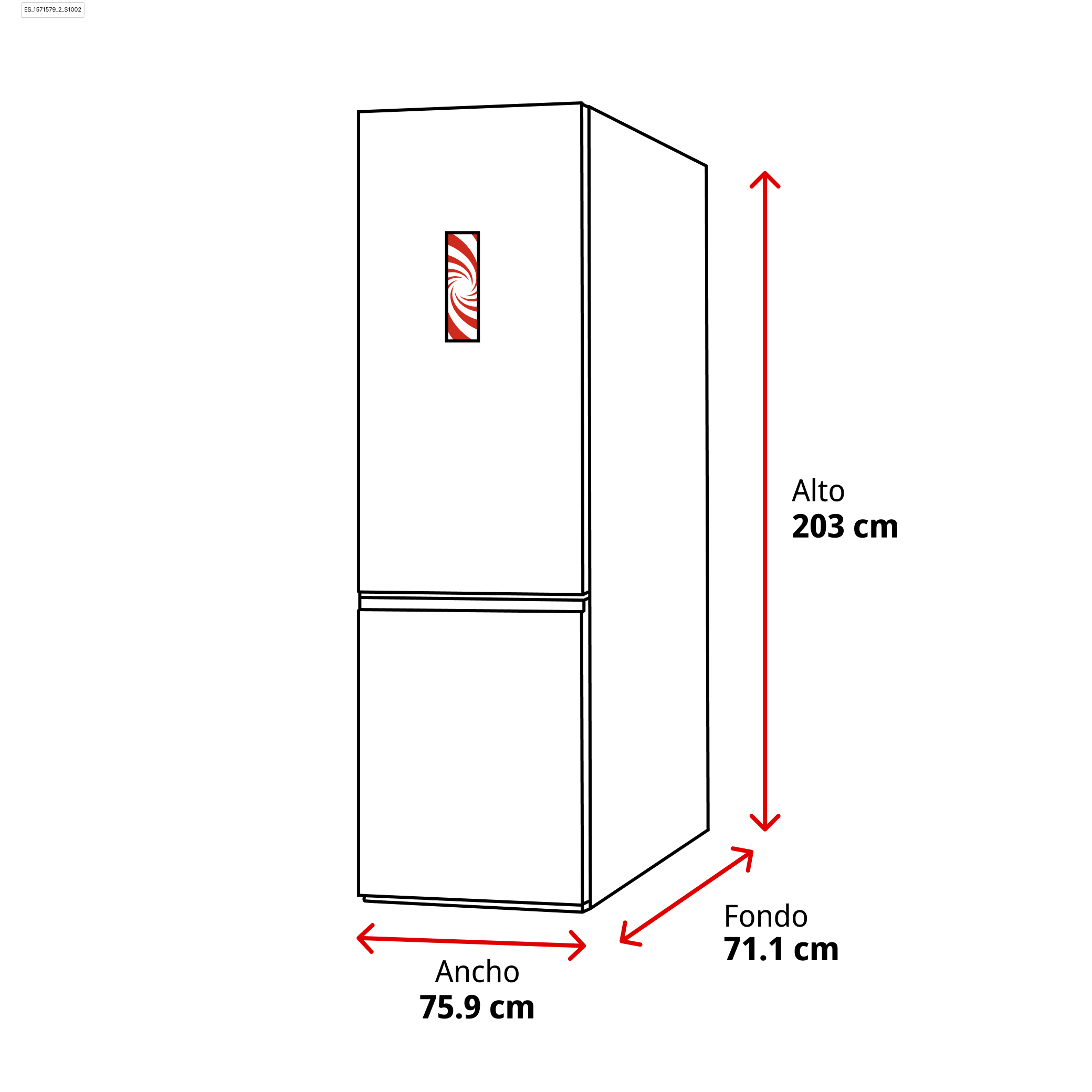 Un refrigerador blanco con contornos negros, dimensiones indicadas por flechas. Tiene un logotipo rojo y blanco.