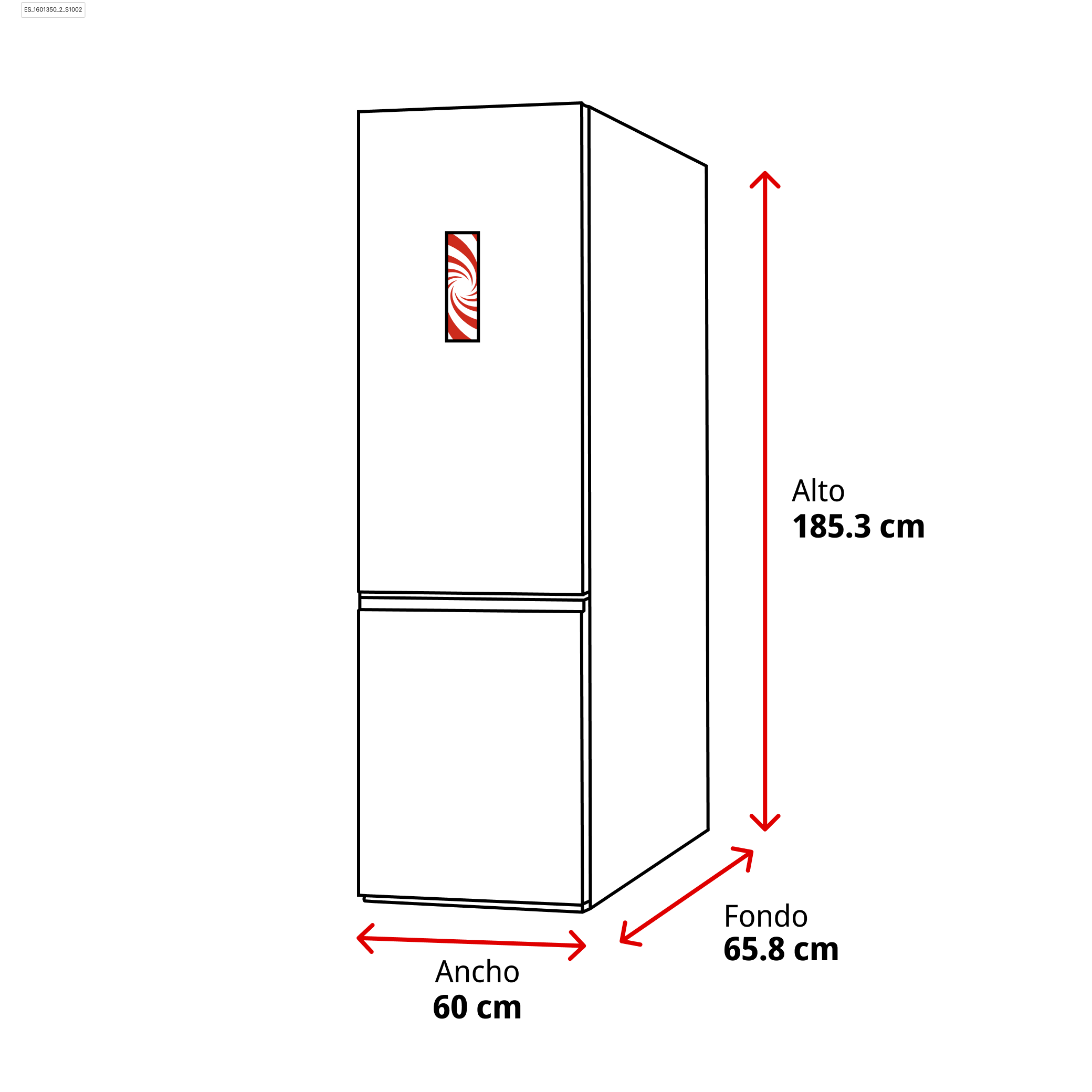 Una ilustración de refrigerador. Muestra dimensiones: altura 185,3 cm, ancho 60 cm y profundidad 65,8 cm. Hay un logotipo rojo y blanco.