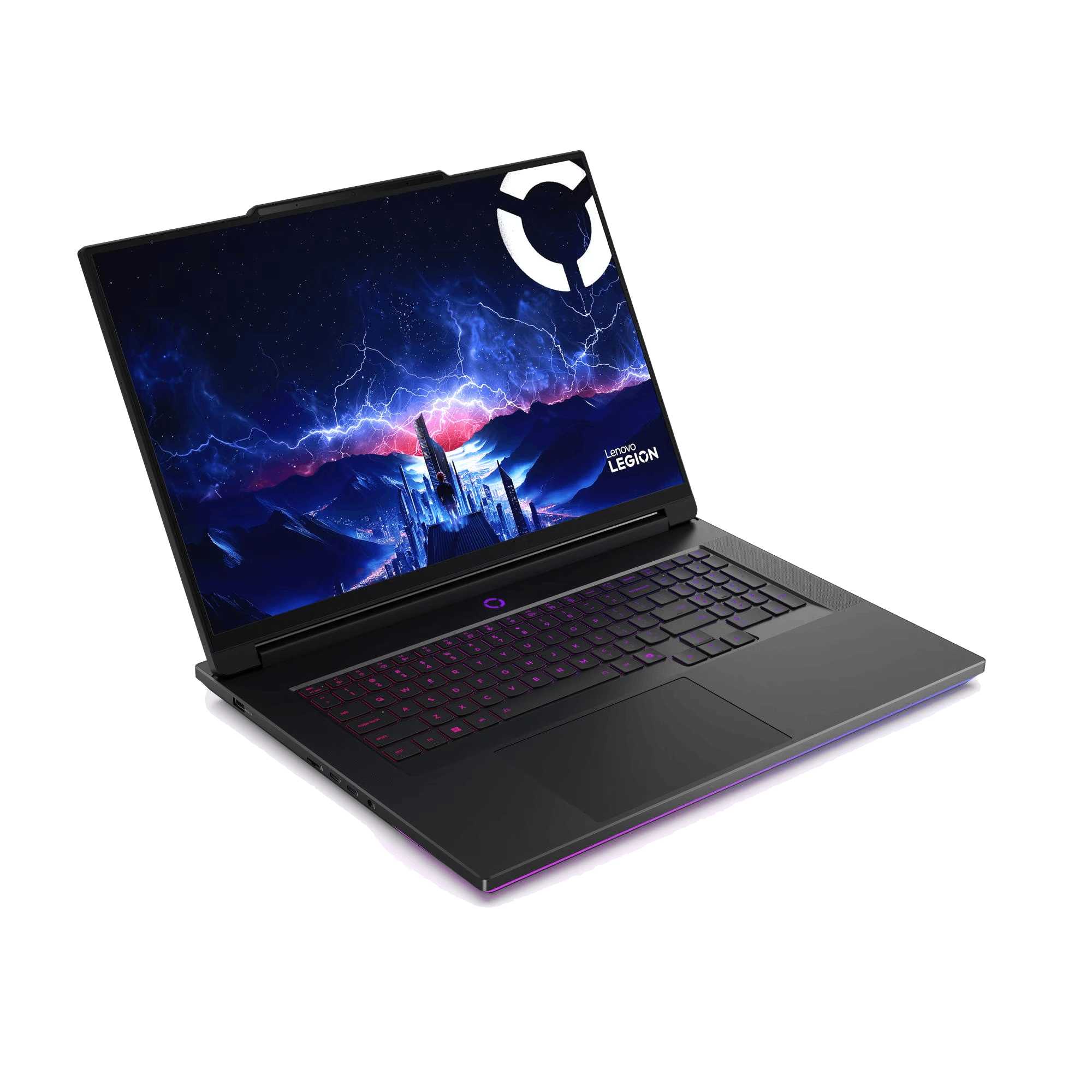 Una laptop negra Lenovo Legion está abierta, mostrando una escena de fantasía. El teclado tiene iluminación rosa.
