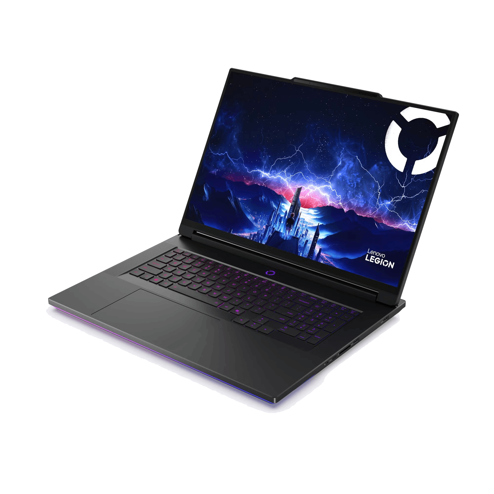 Un portátil Lenovo Legion negro con una pantalla vibrante que muestra una escena tormentosa. El teclado brilla en púrpura.