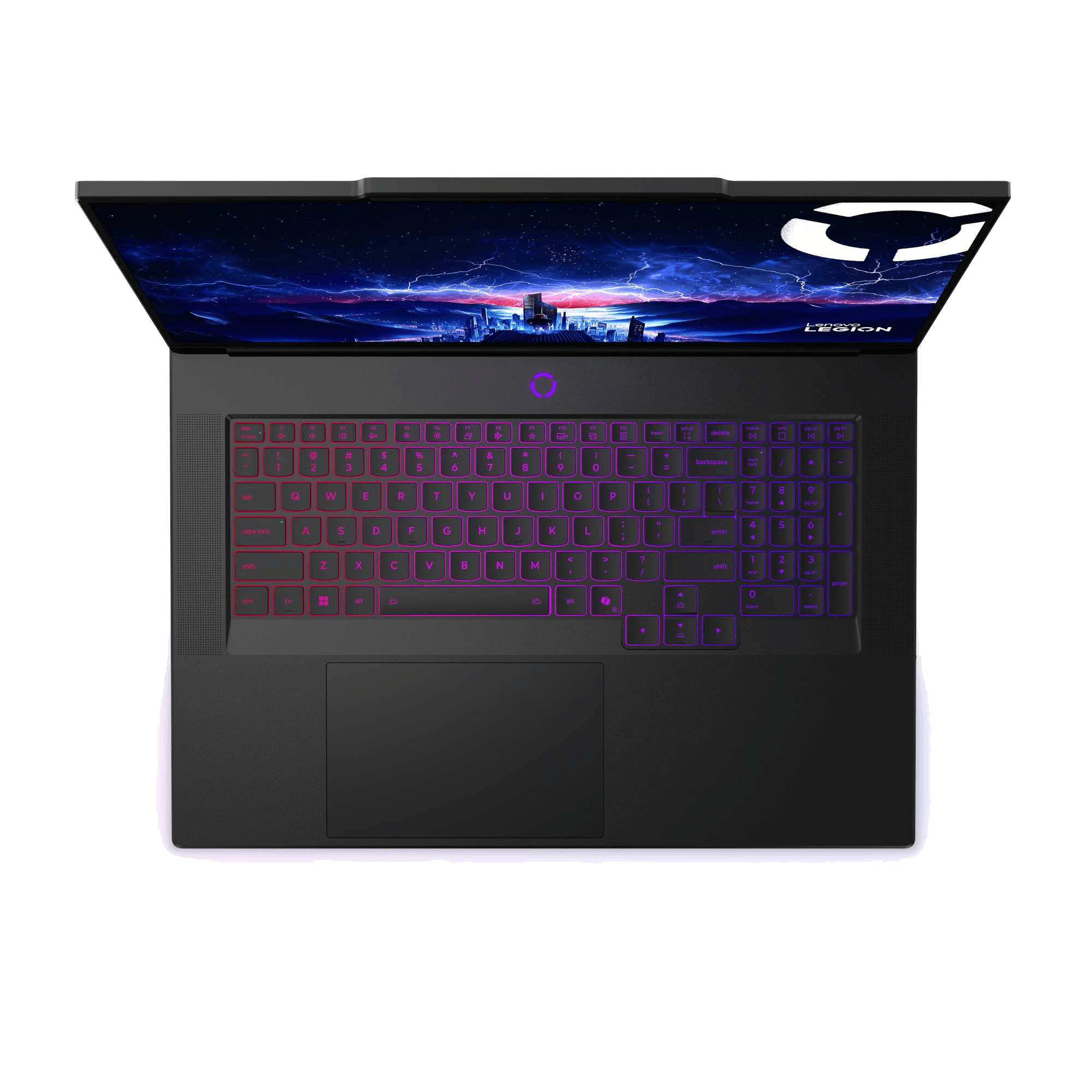 Un portátil Lenovo Legion con pantalla abierta. El teclado está iluminado con tonos morados y rosas. Pantalla muestra ciudad.