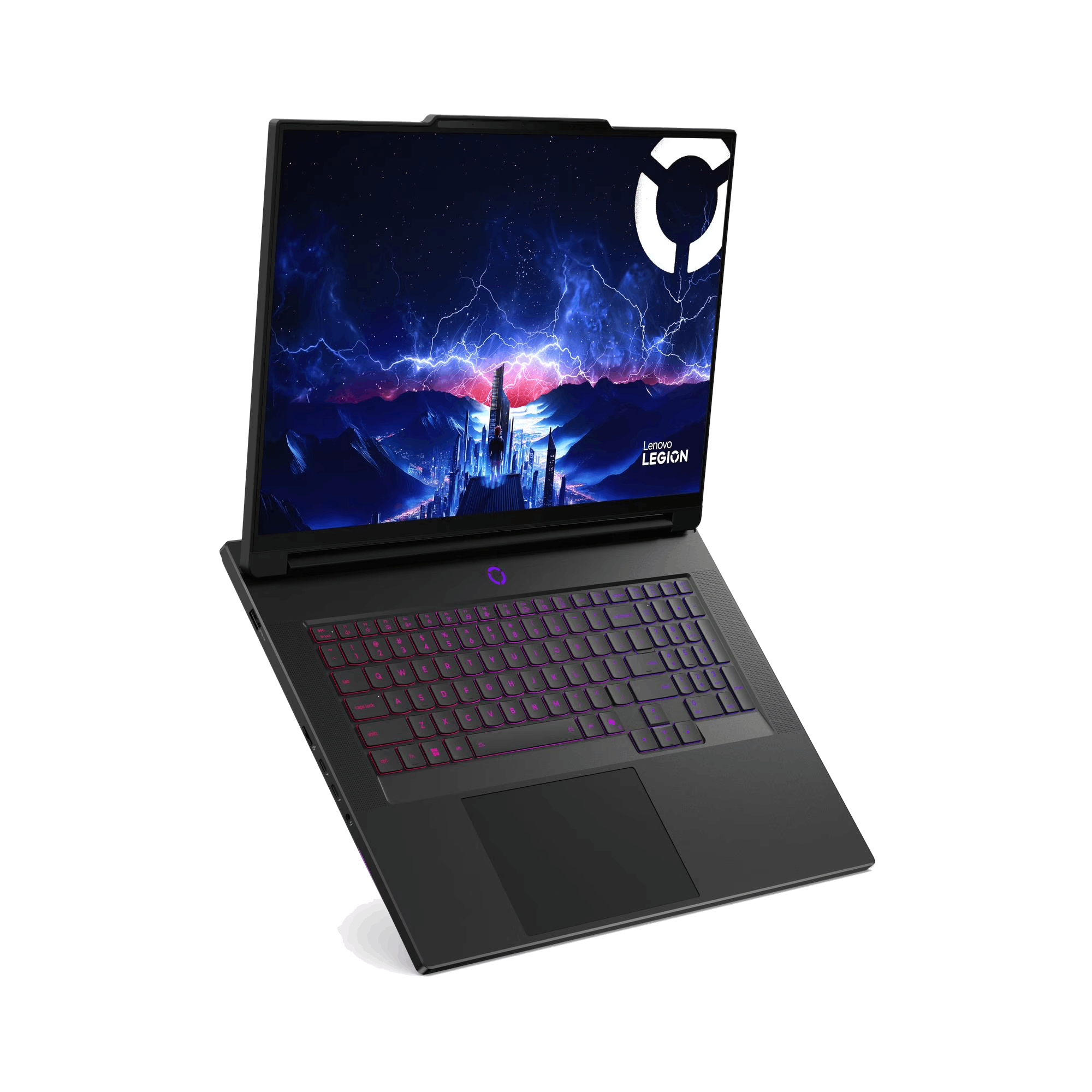 Un portátil Lenovo Legion negro, abierto. La pantalla muestra un paisaje tormentoso. El teclado tiene iluminación roja y púrpura.