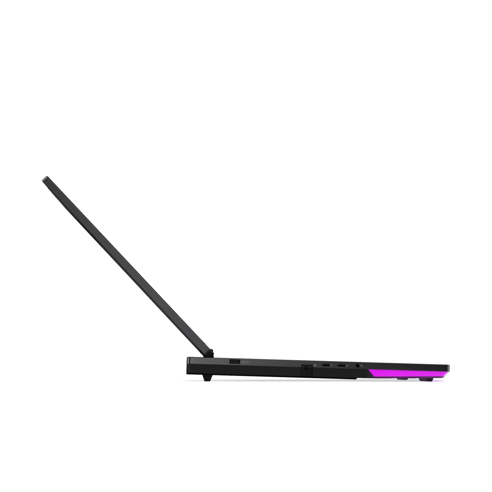 Vista lateral de un portátil con la pantalla abierta. El portátil es negro con un acento morado en la parte inferior.