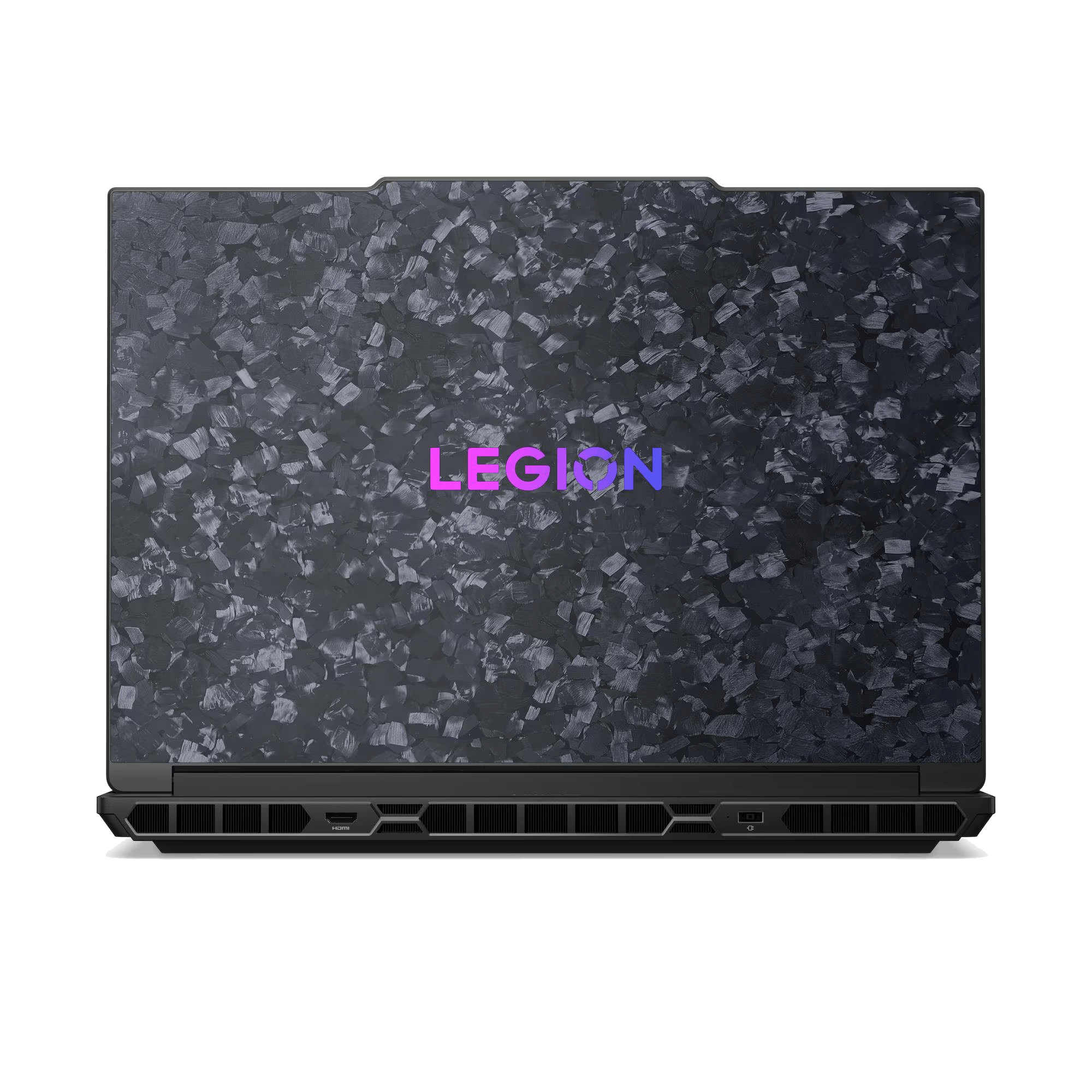 Vista superior de un portátil negro. El logotipo de Legion está en el centro. La superficie tiene un patrón texturizado gris oscuro.