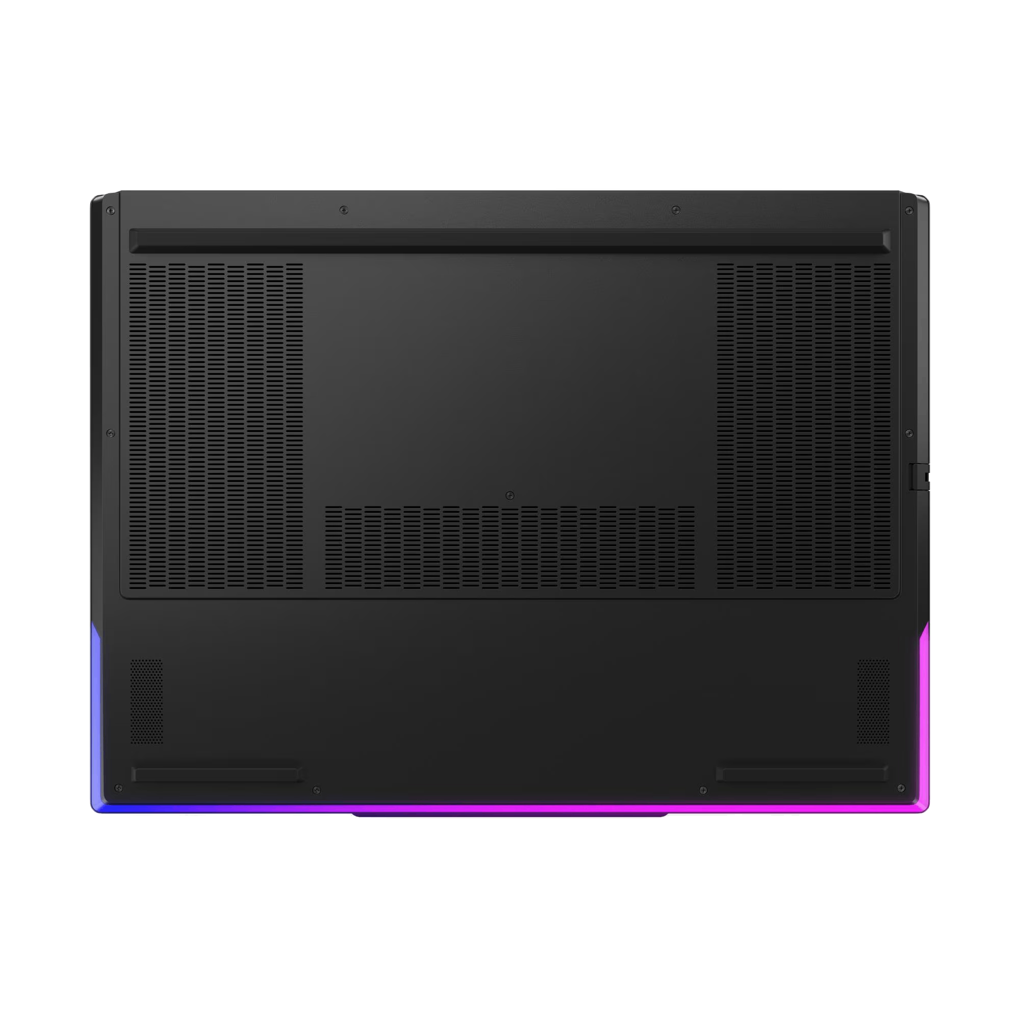 Parte inferior de portátil negro con rejillas, tornillos y una tira de luz que cambia de azul a rosa en el borde inferior.