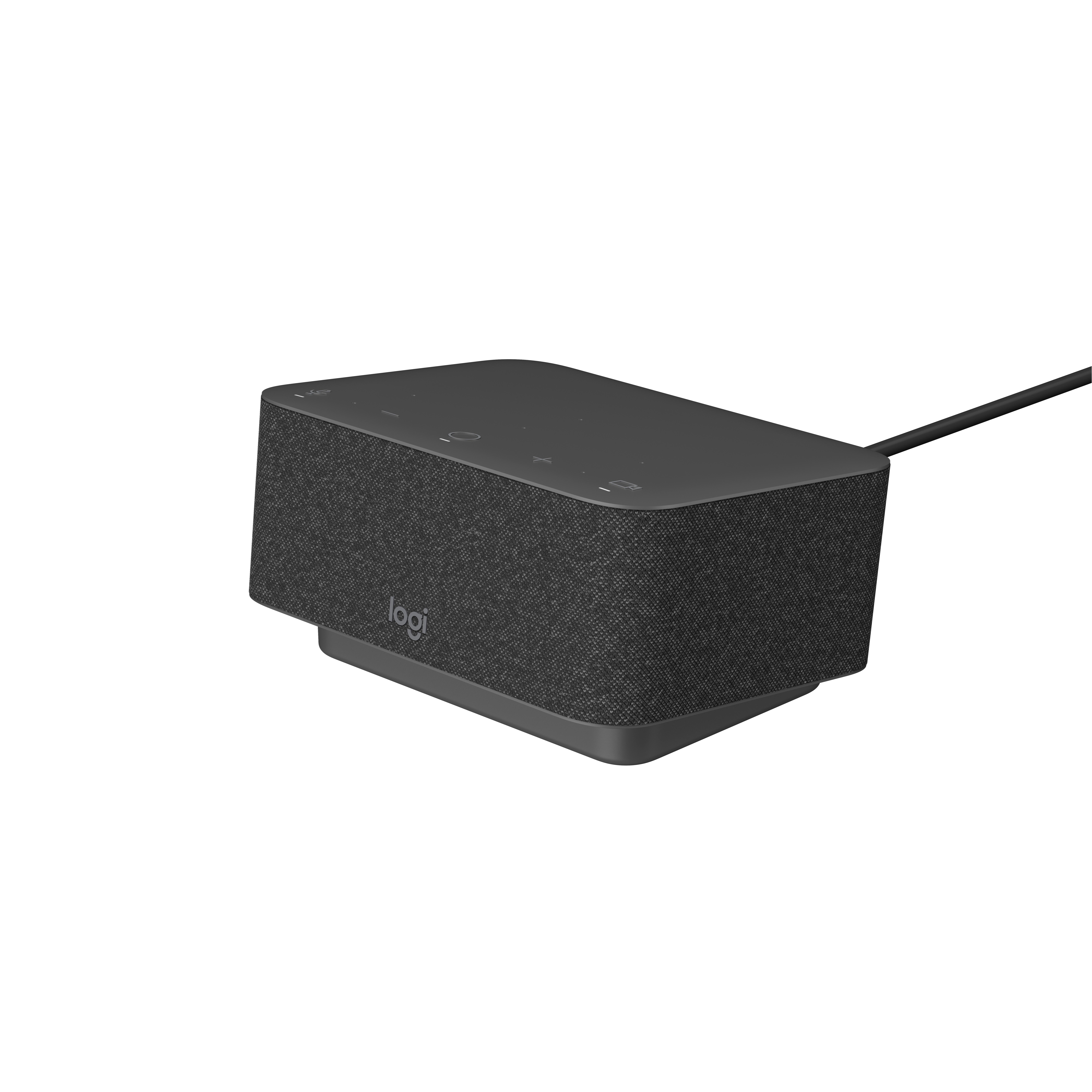 Dunkelgrauer Logitech-Lautsprecher auf weißem Hintergrund. Er hat Knöpfe und ein Kabel.