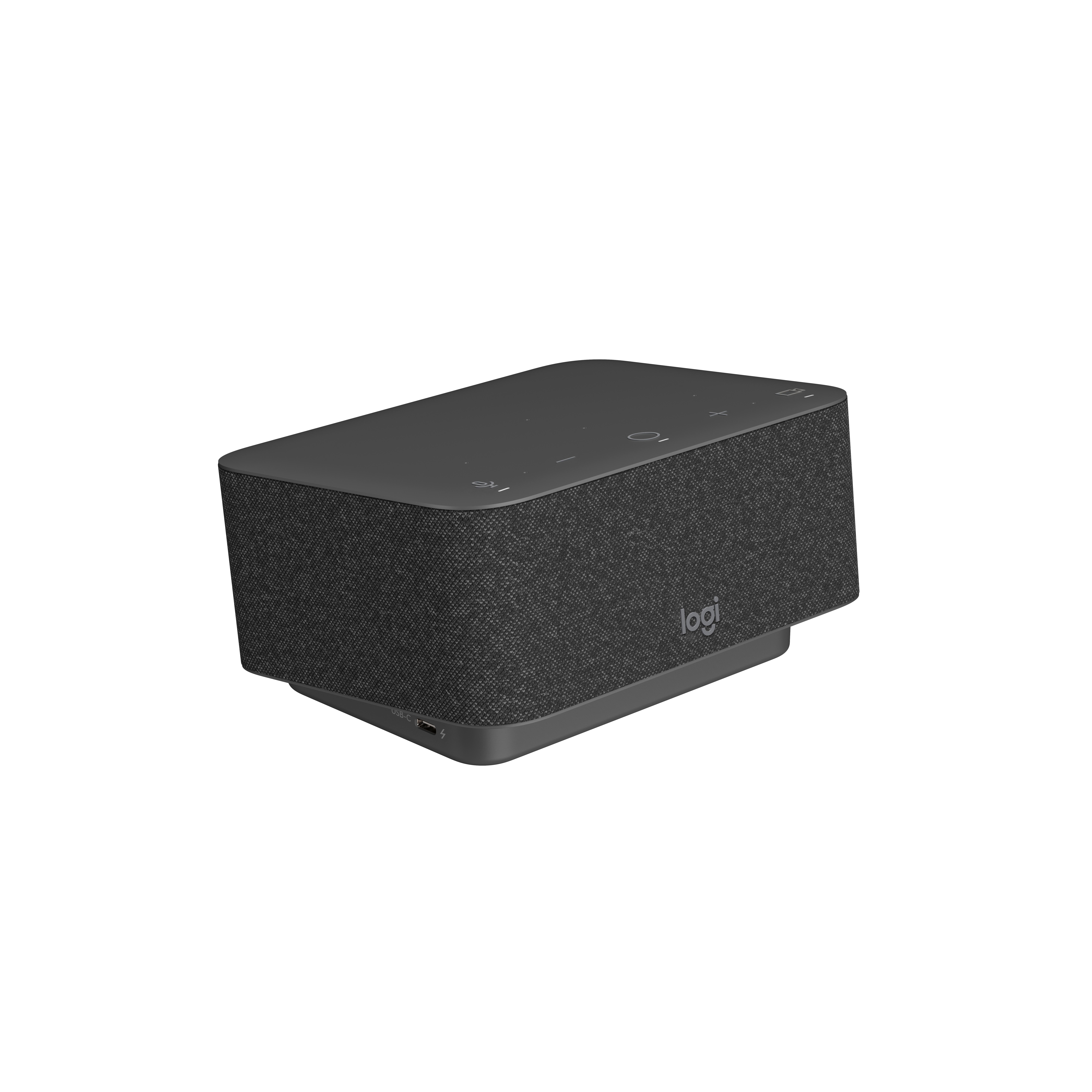 Ein dunkelgrauer Logitech-Lautsprecher. Er hat einen stoffbezogenen Körper und ein Bedienfeld oben. Weißer Hintergrund.