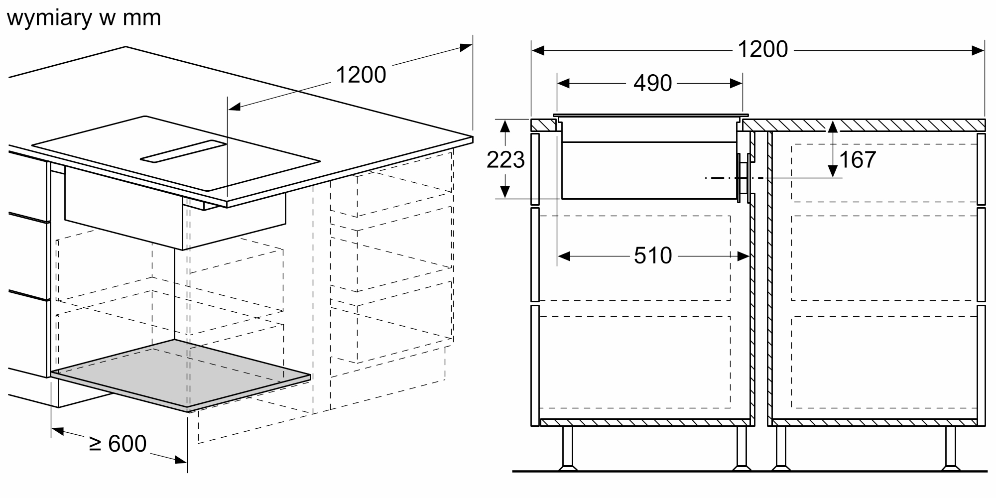 Schemat szafki kuchennej z wymiarami w mm. Zawiera zlew, szuflady oraz wymiary takie jak 1200, 490, 223, 510, 167 i ≥600.