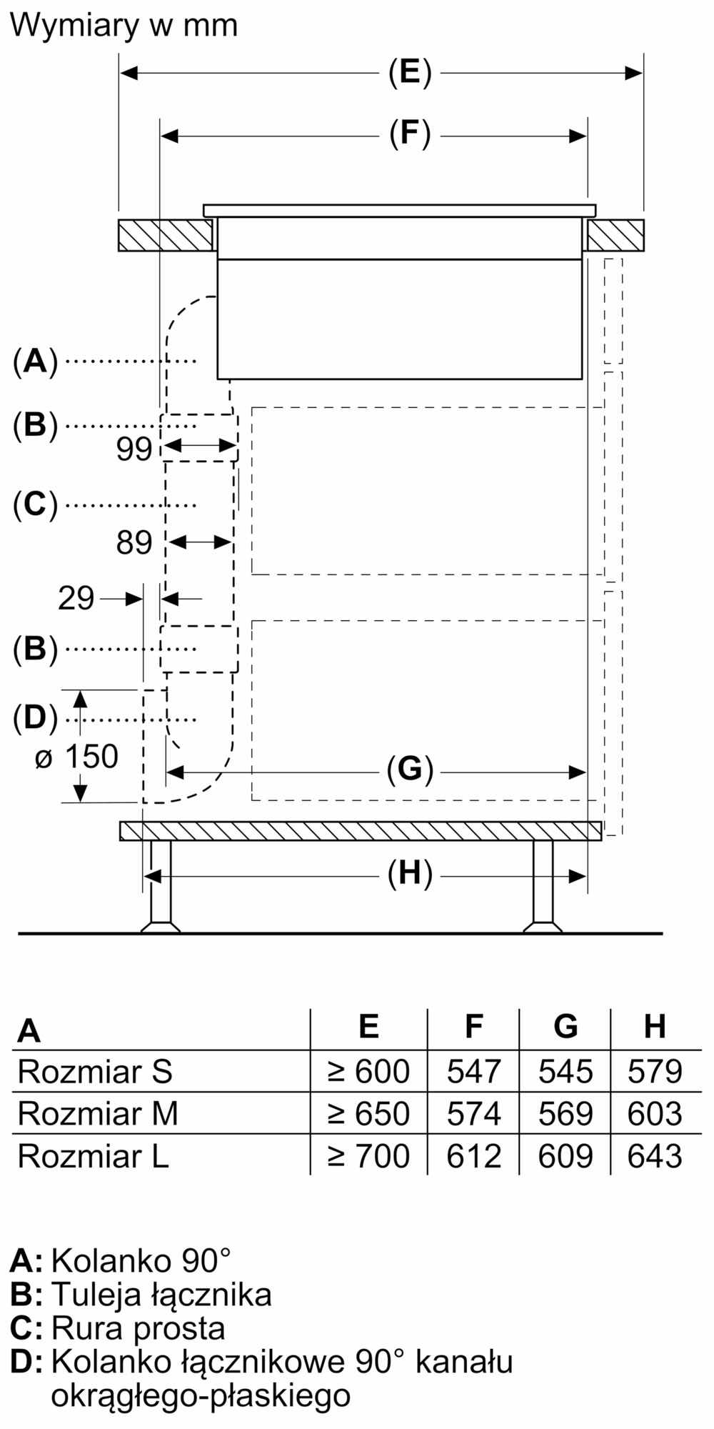 Diagram z wymiarami w mm. Pokazuje prostokątny kształt z oznaczonymi wymiarami i tabelą ze szczegółami rozmiaru.