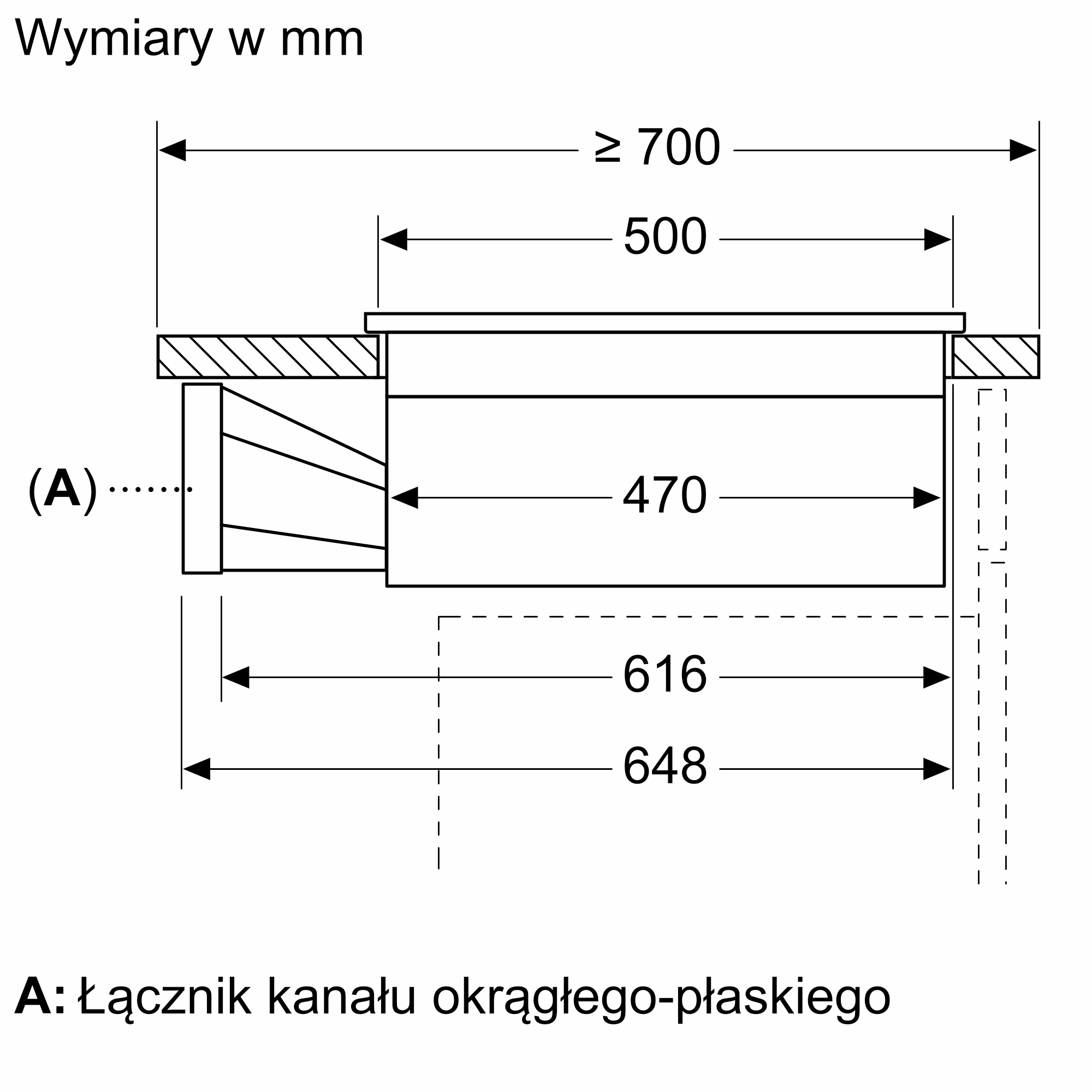 Schemat z wymiarami w mm prostokątnego obiektu. Wymiary: 700mm, 500mm, 470mm, 616mm i 648mm.